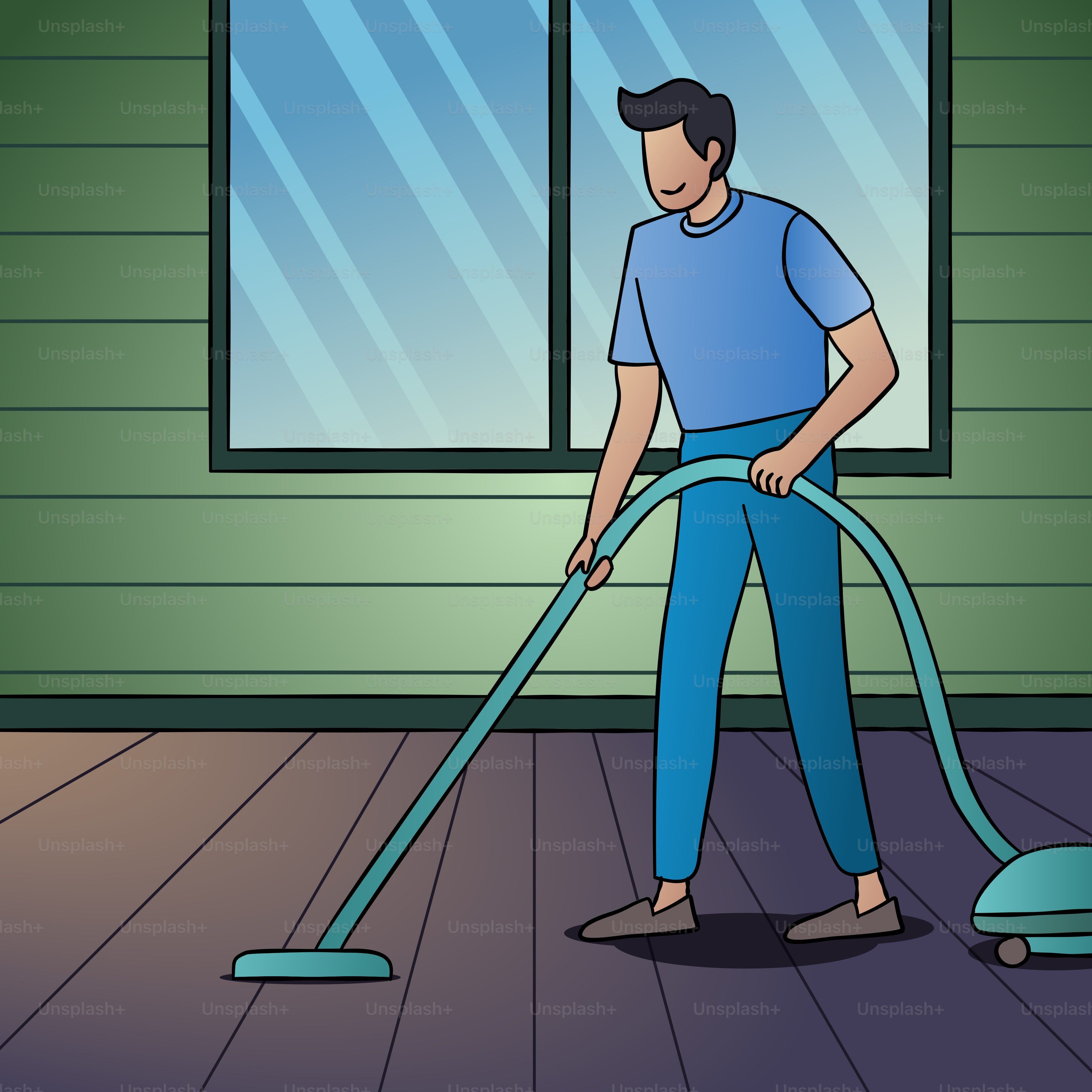 Ein Mann benutzt einen Staubsauger, um den Boden zu reinigen