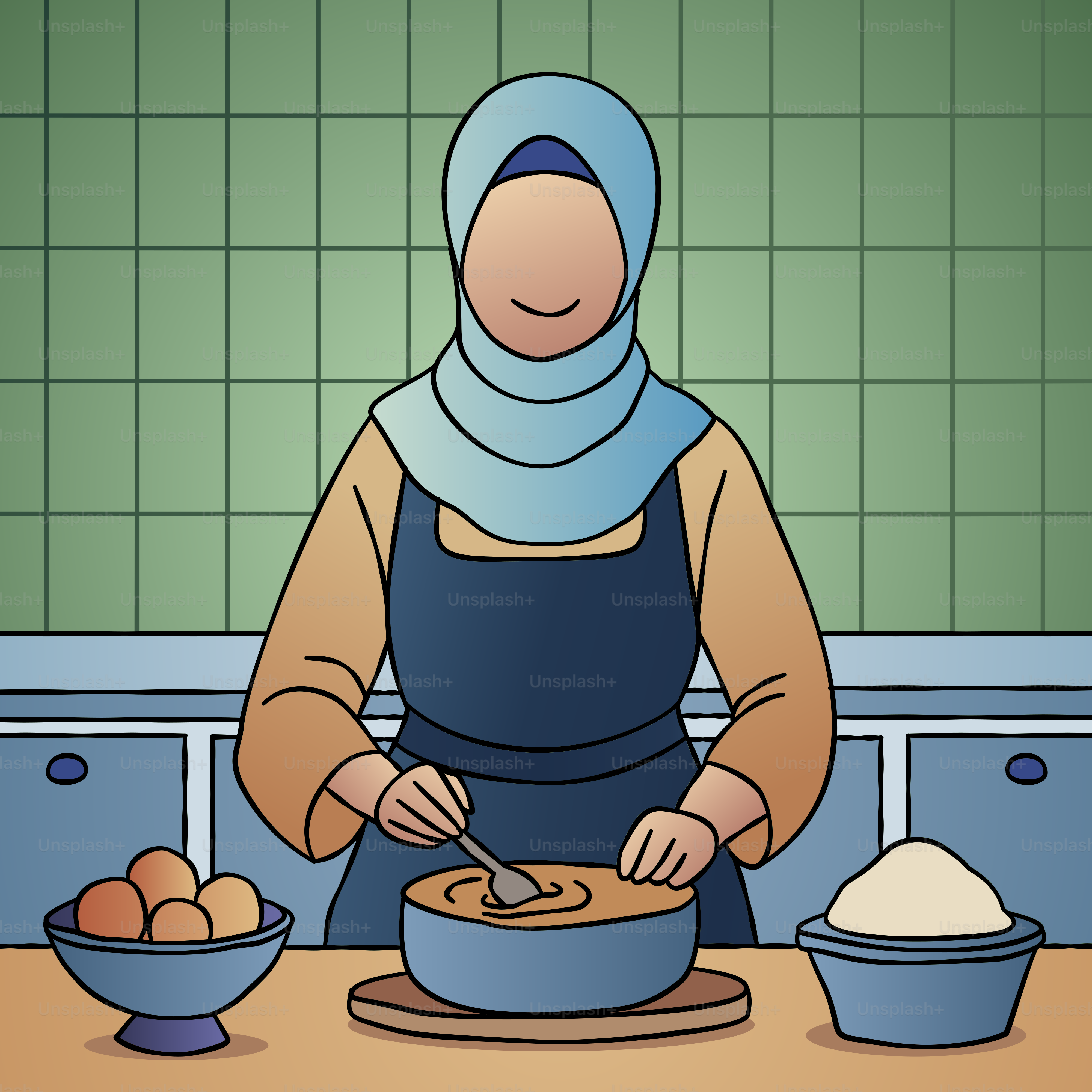 A woman in a blue hijab is preparing food