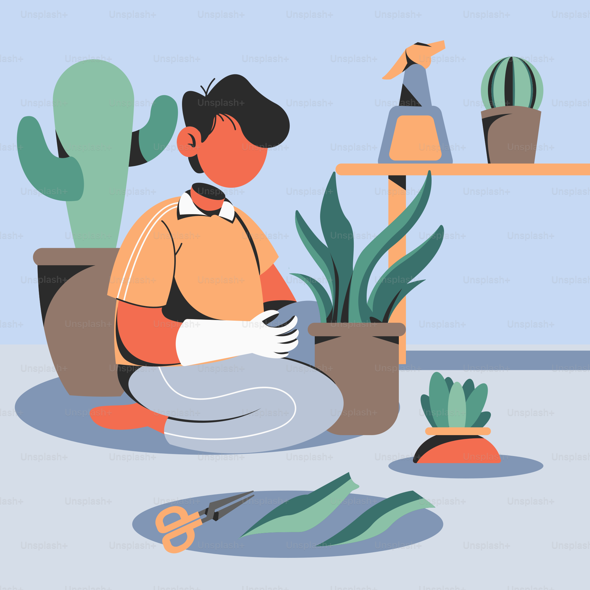 A man sitting on the ground next to a potted plant