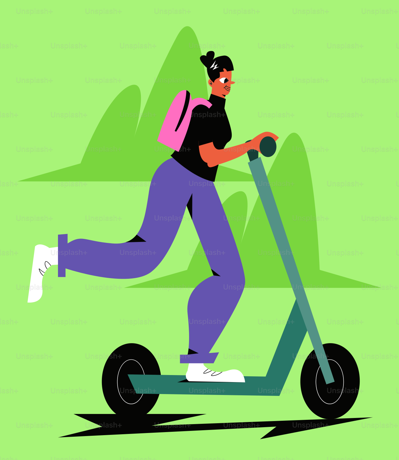 A person riding a scooter with a backpack on it
