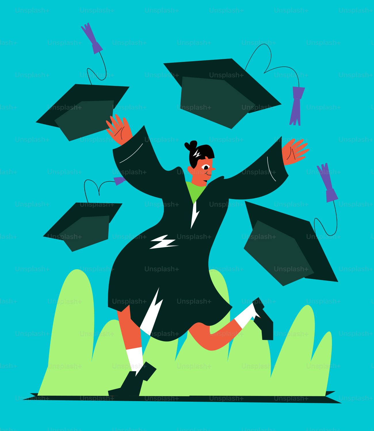 A man in a graduation gown is running with his arms in the air