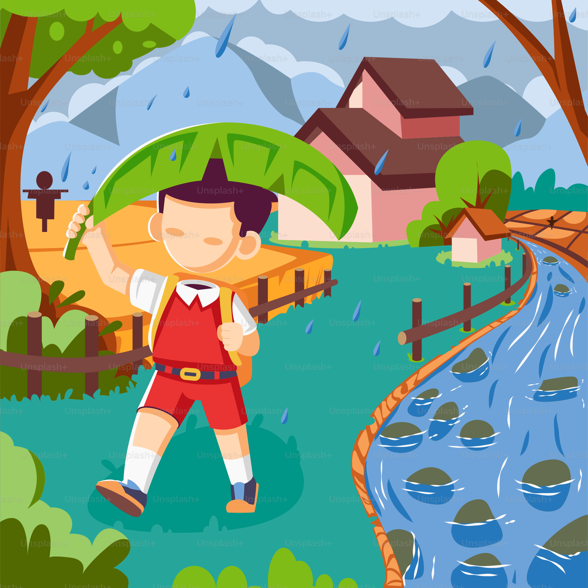 한 소년이 우산을 들고 빗속을 걷고 있다