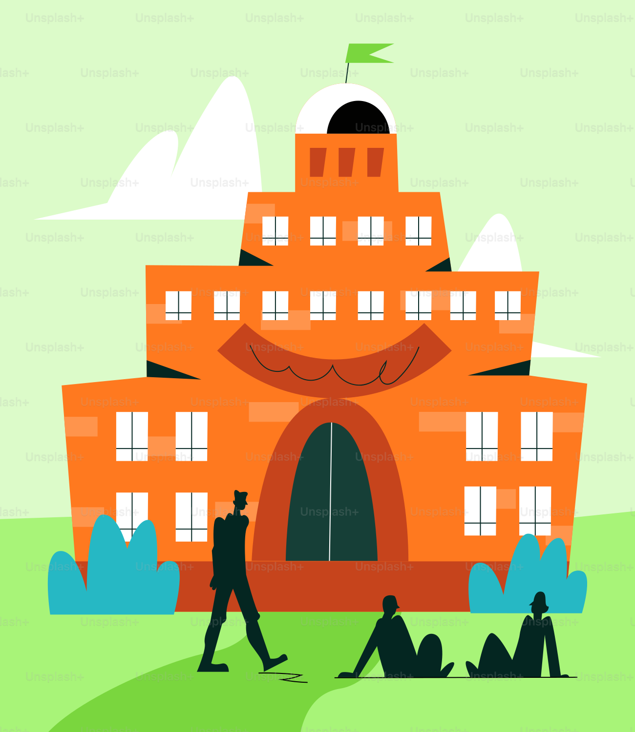 An orange building with people sitting in front of it