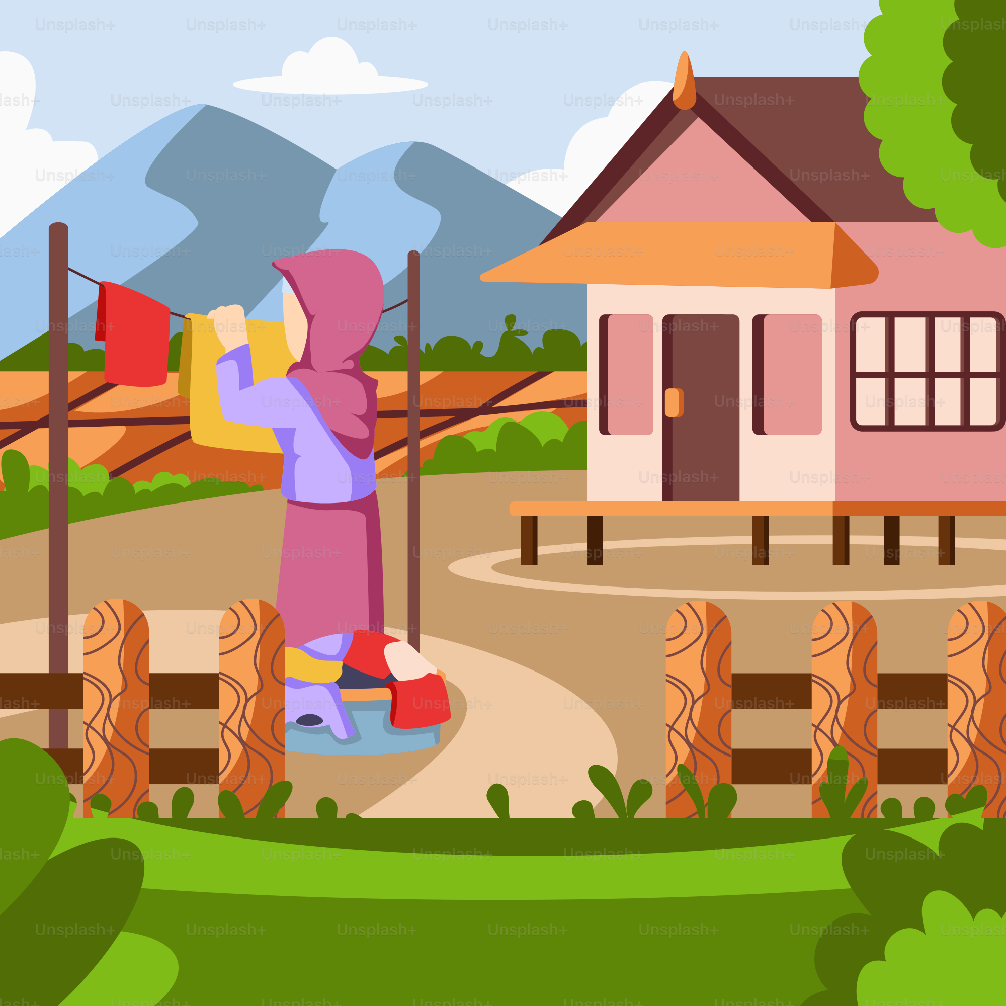 A cartoon of a woman carrying a bucket in front of a house