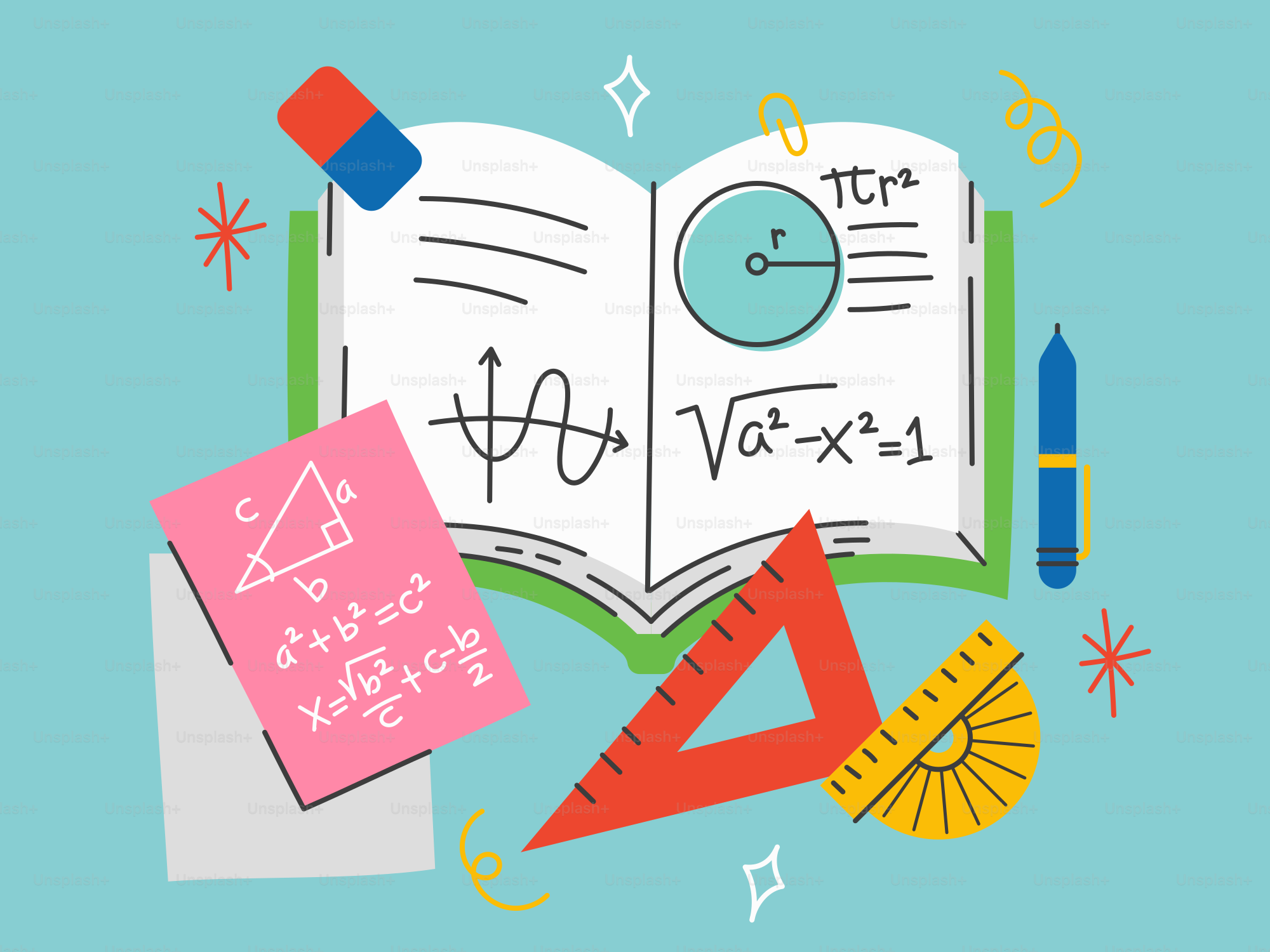 Buku dengan pensil, penggaris, dan perlengkapan sekolah lainnya