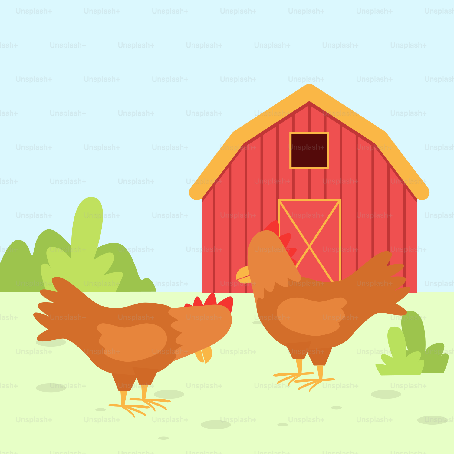 A couple of chickens standing next to a red barn