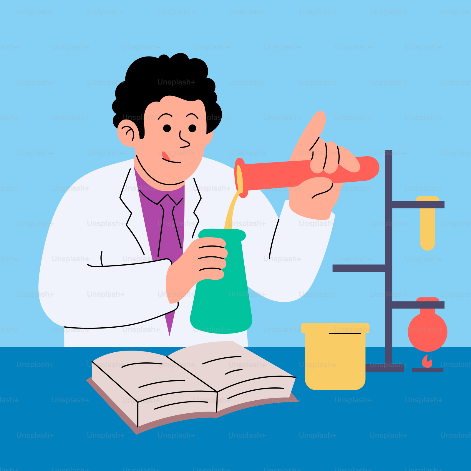 Un uomo in camice da laboratorio che tiene un becco e un becco con un