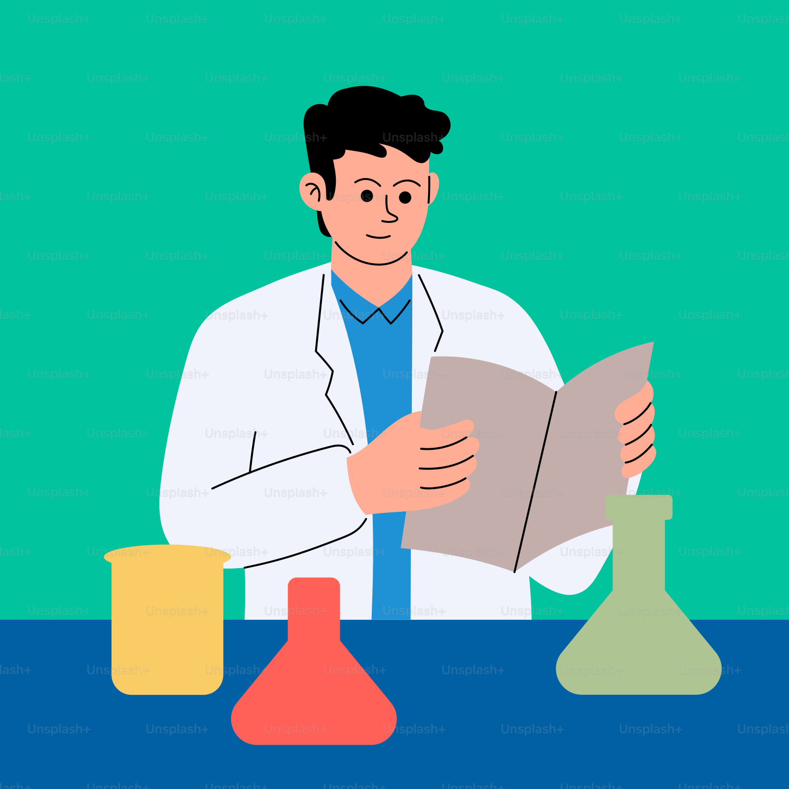 A man in a lab coat reading a book