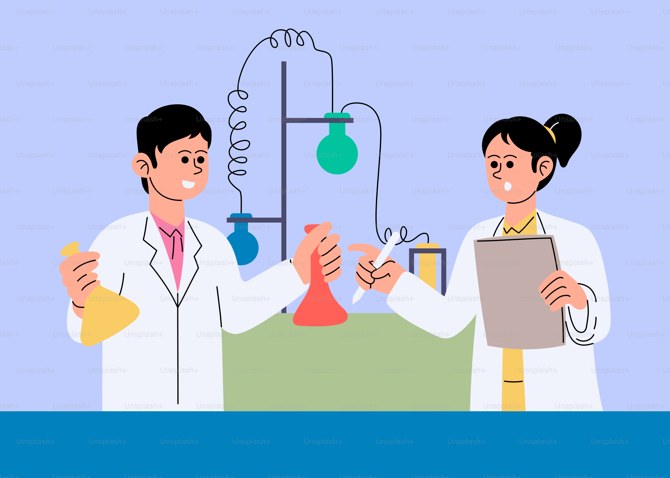 A couple of people in lab coats holding beaks