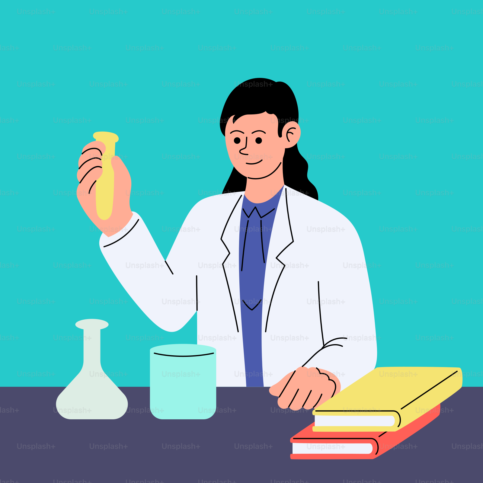 A woman in a lab coat sitting at a table