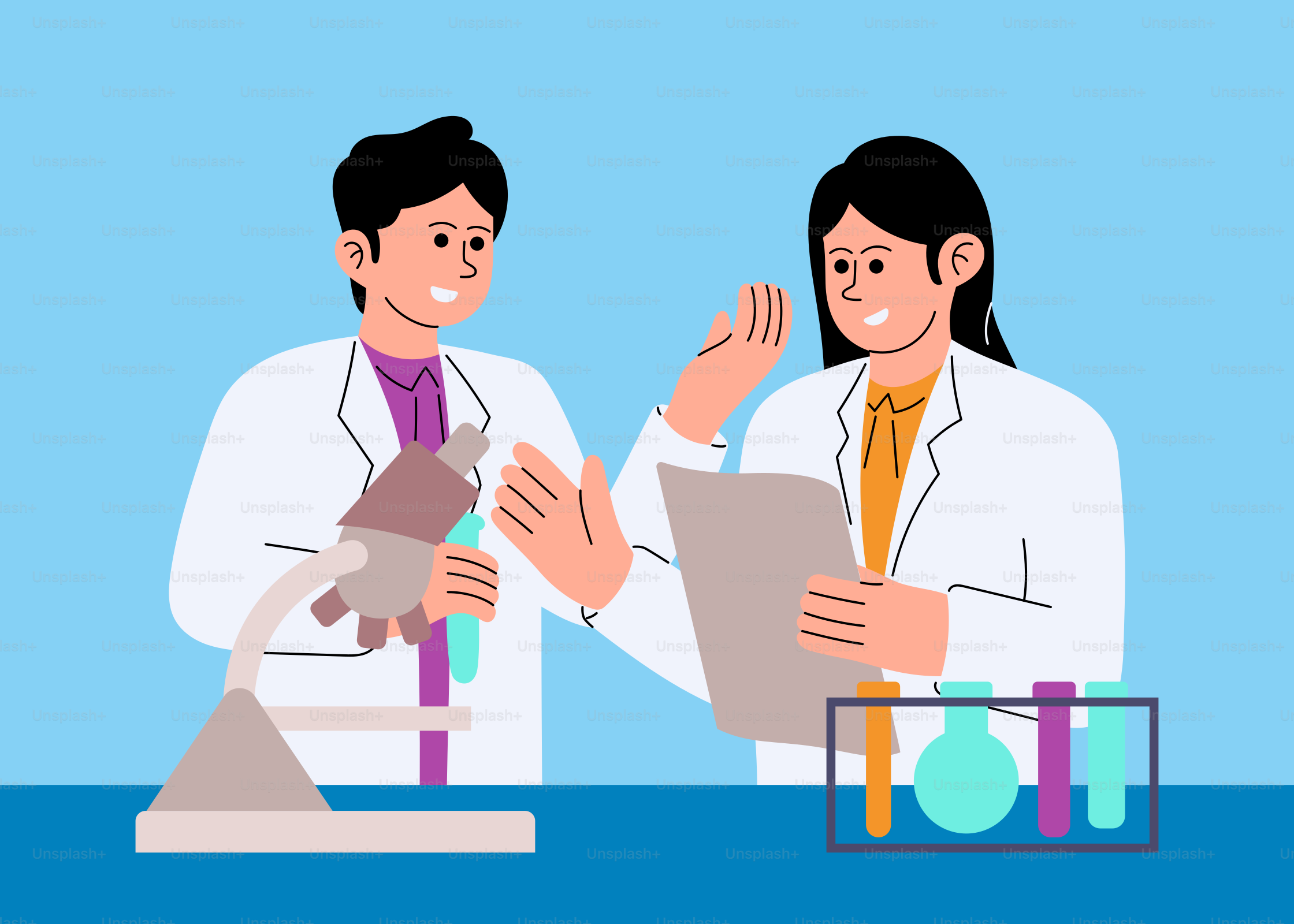 Two people in lab coats standing next to each other