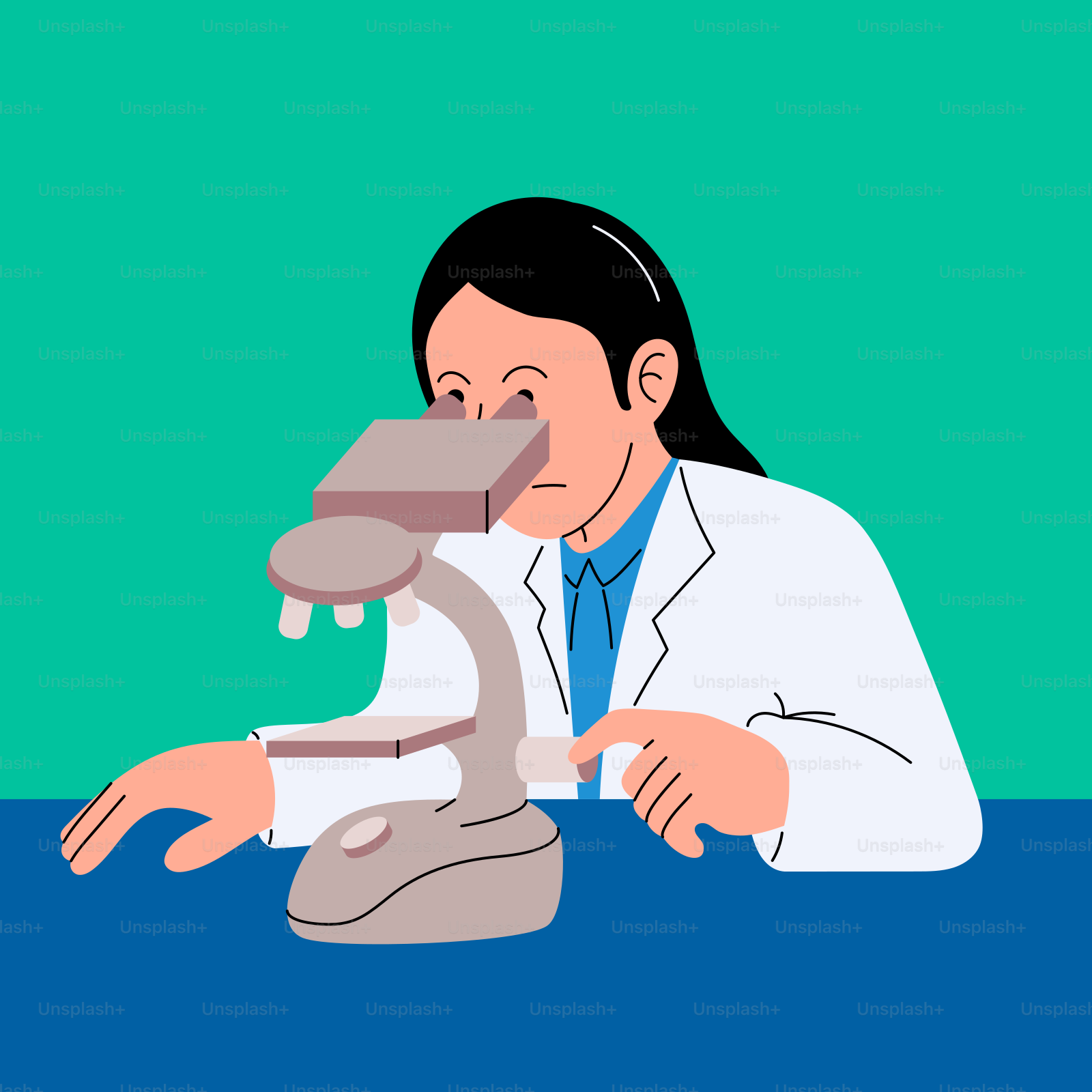 A woman in a lab coat looking through a microscope