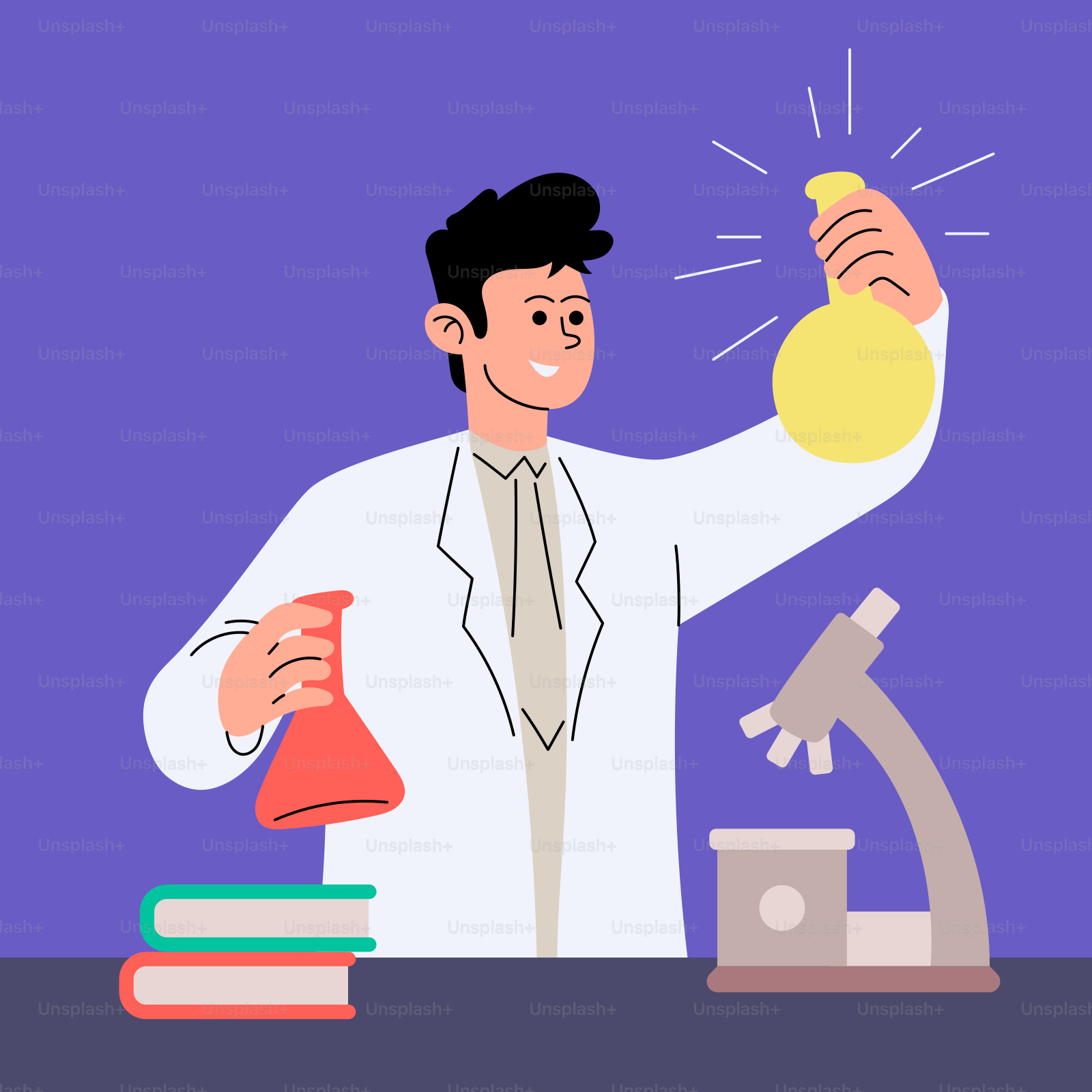 A man in a lab coat is holding a flask
