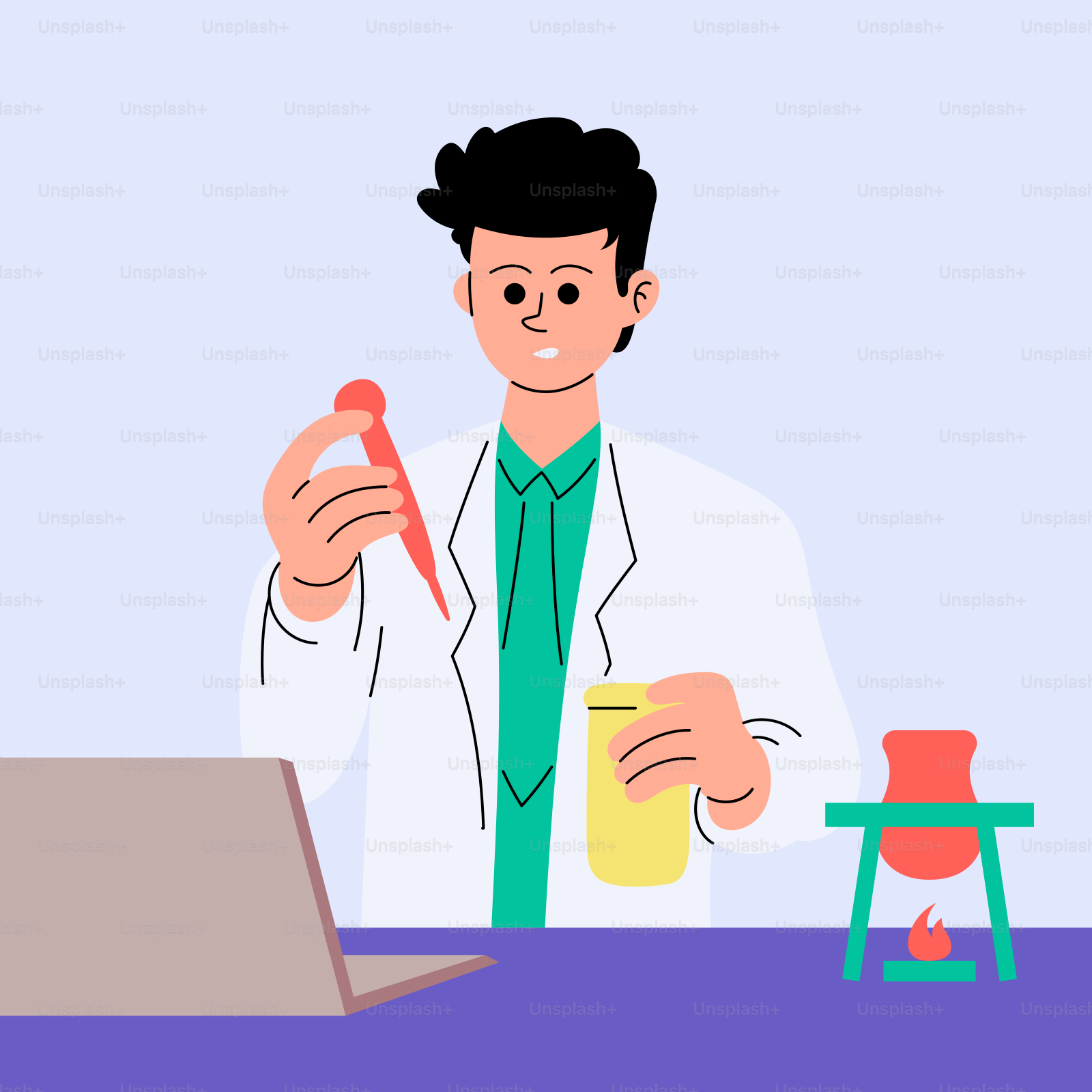 A man in a lab coat holding a beakle and a beakle in front