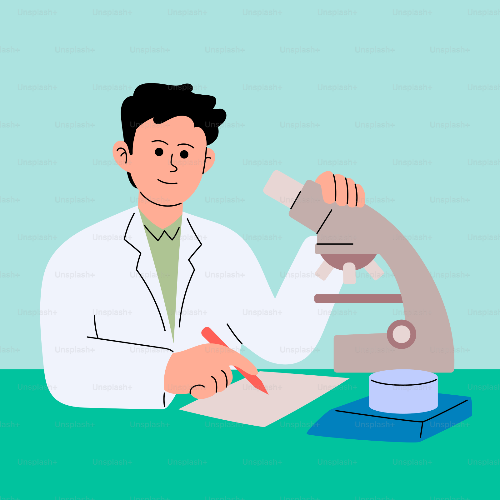 A man sitting at a table with a microscope in front of him