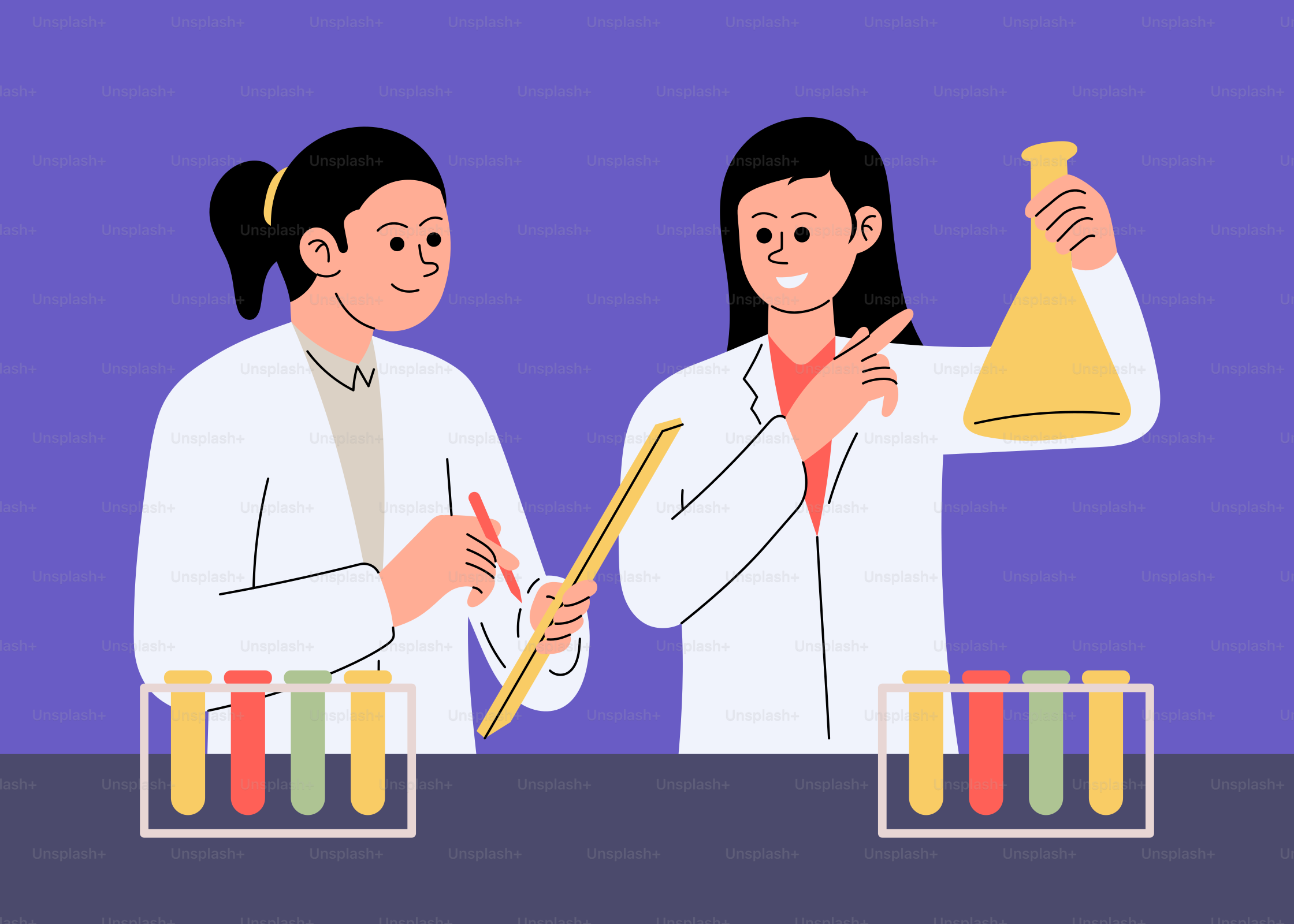 A man and woman in lab coats holding beakles and flasks