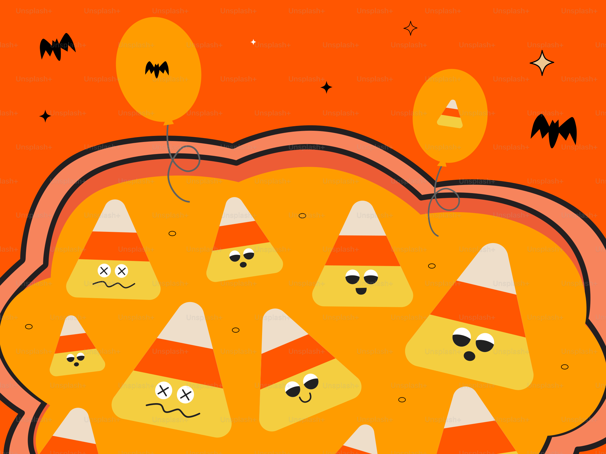 A group of candy cones with faces on them