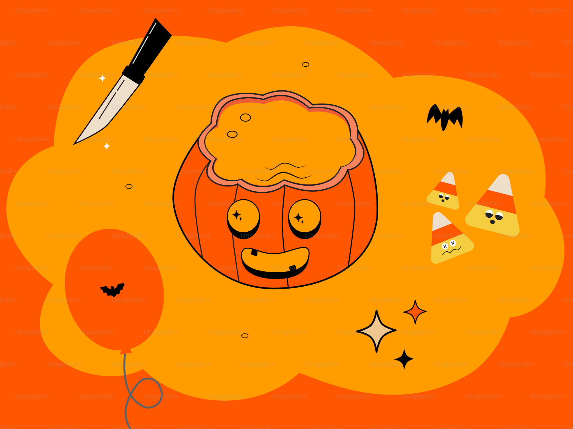 Um cartão de halloween laranja com uma abóbora e uma faca