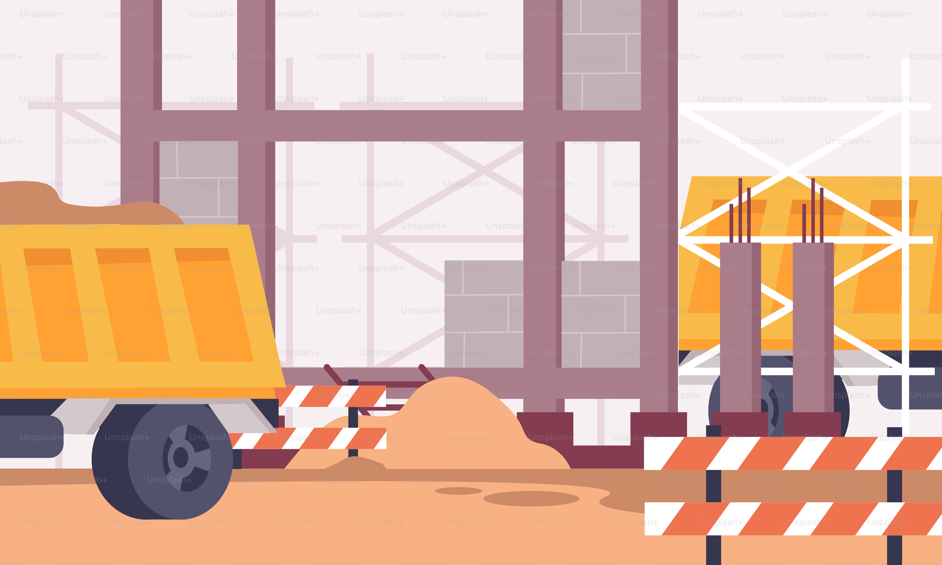 A yellow dump truck parked in front of a building