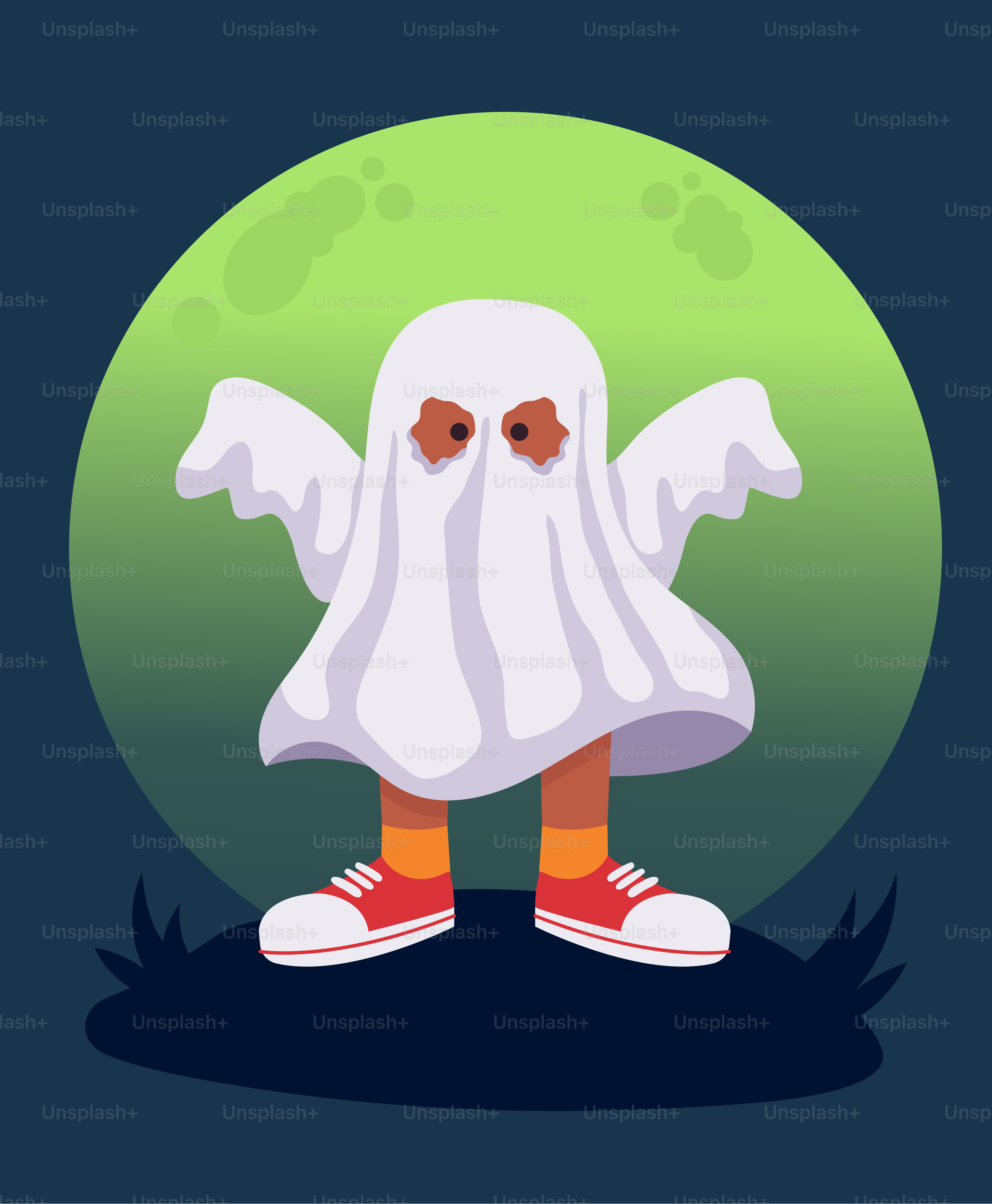 A white ghost with orange shoes standing in front of a full moon