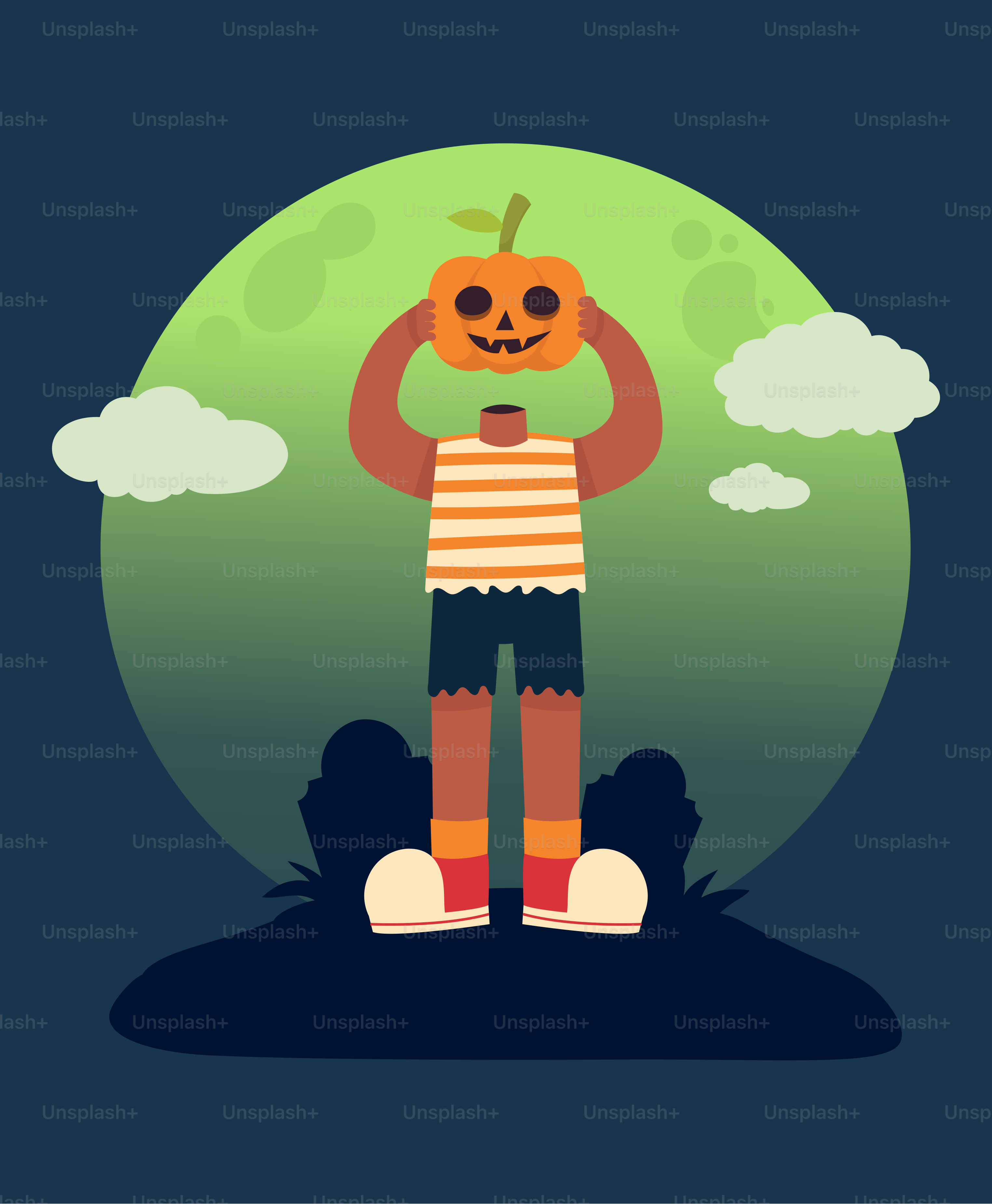 A cartoon of a person holding a pumpkin
