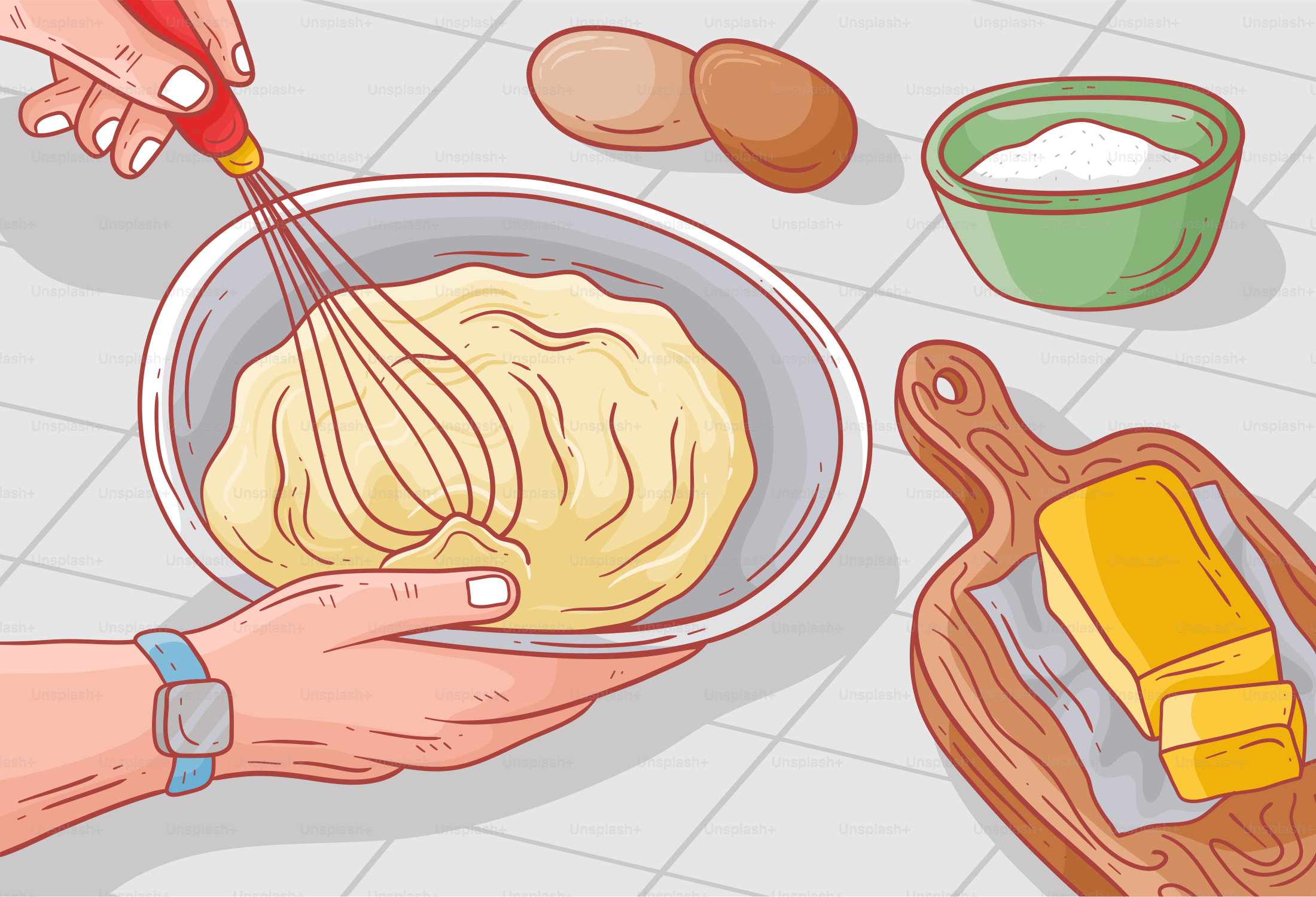 Eine Person, die einen Schneebesen über eine Schüssel Essen hält