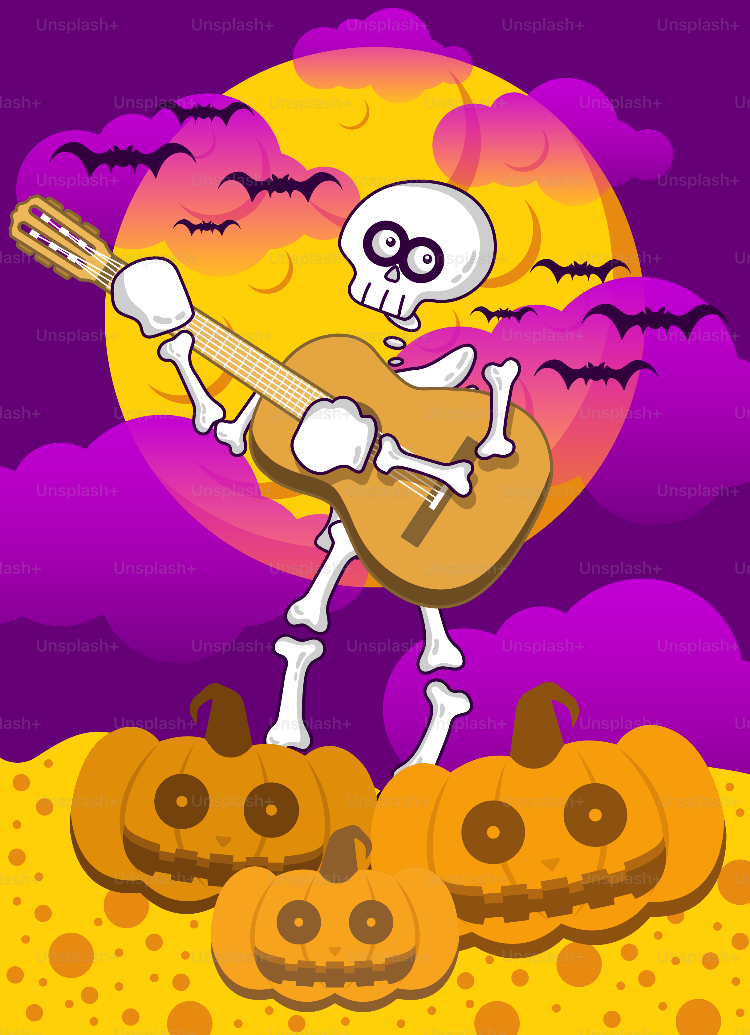 A skeleton playing a guitar in front of a full moon