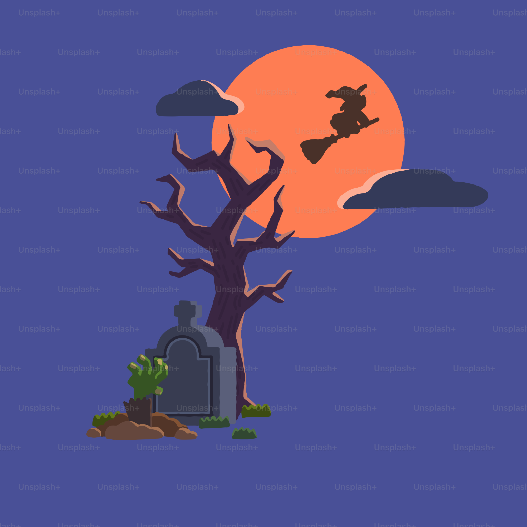 A halloween scene with a witch flying over a graveyard
