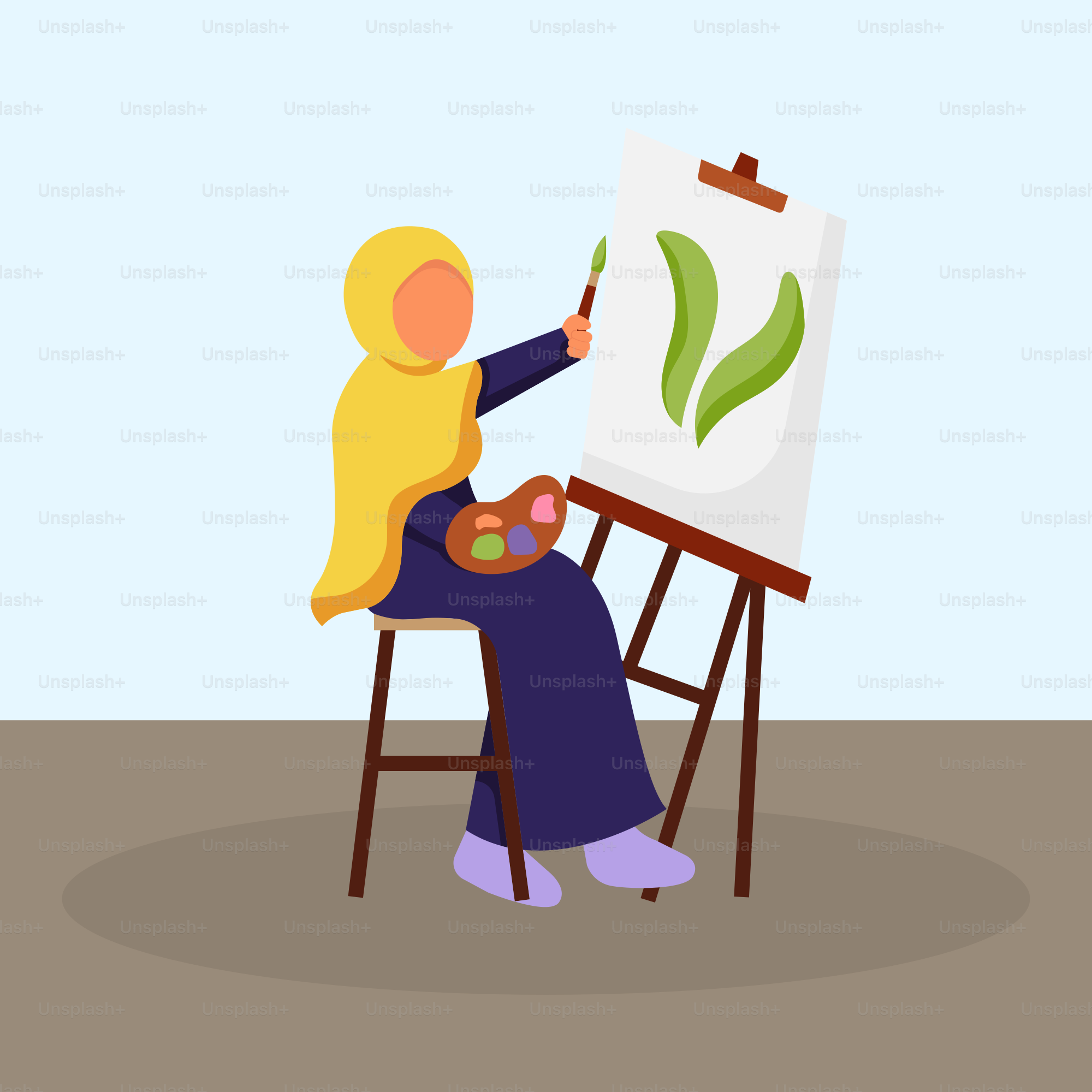Uma mulher de hijab pintando um quadro em um cavalete