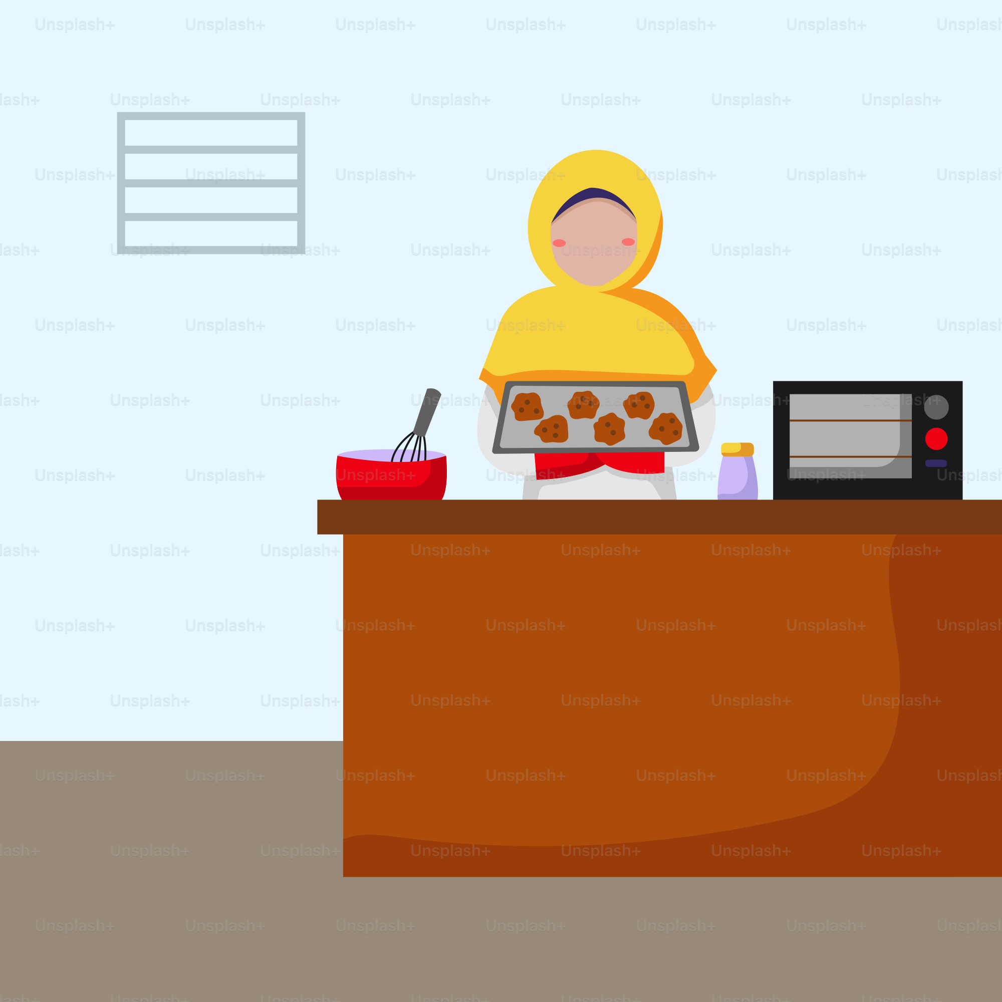 A person in a yellow outfit is cooking in a kitchen