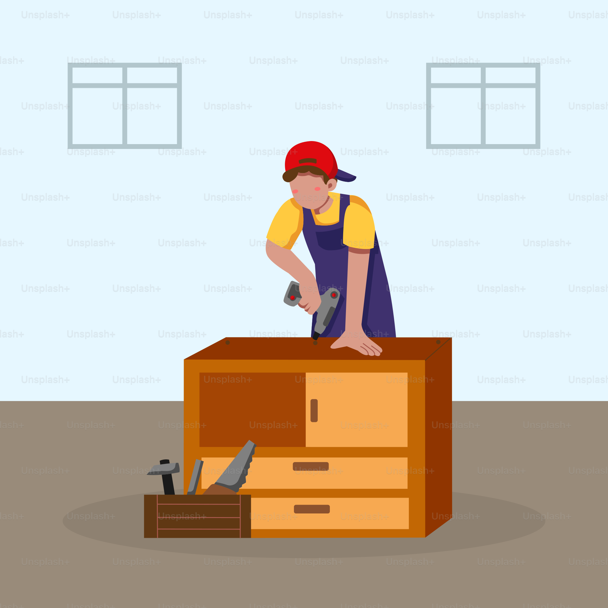 Un homme en salopette travaillant sur une commode