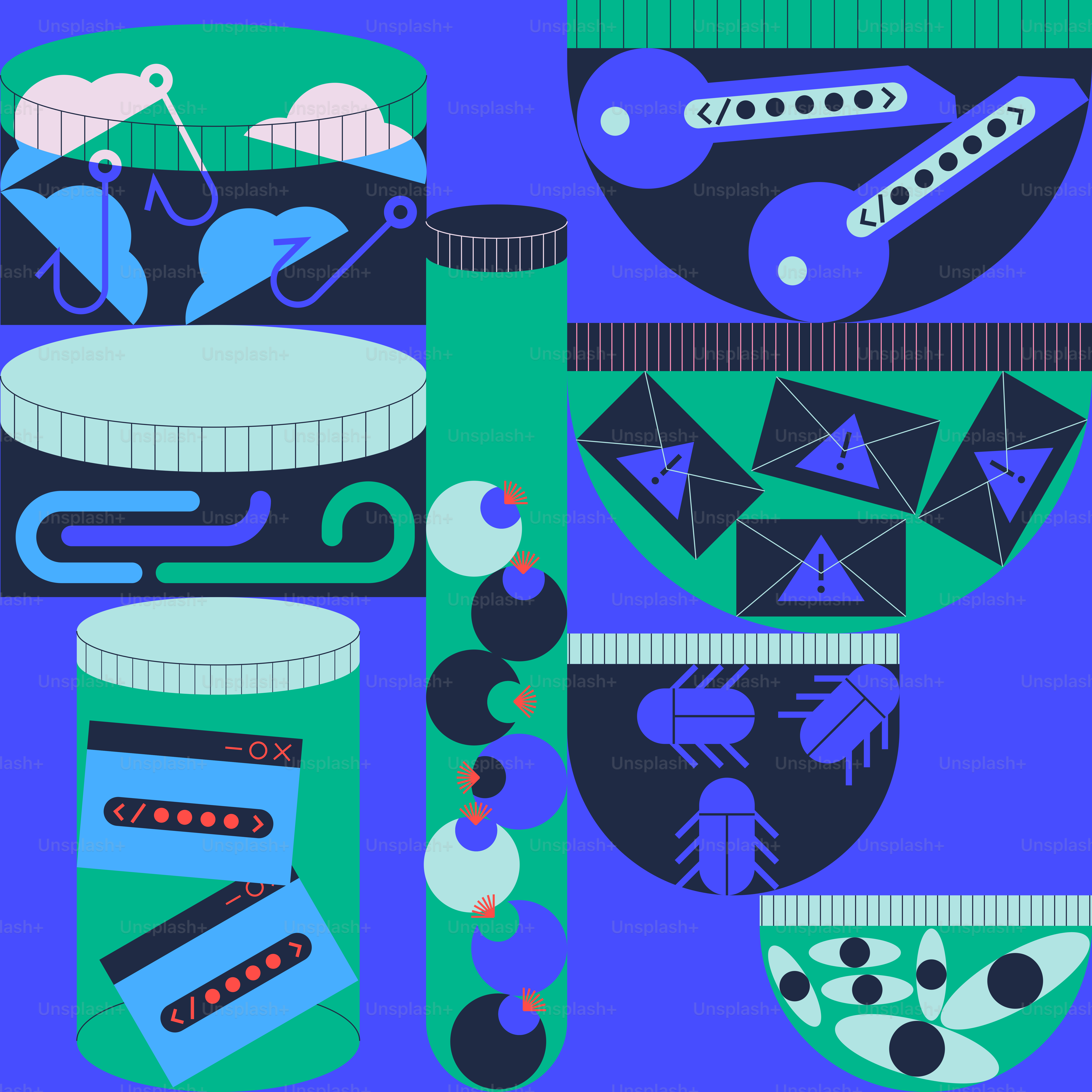 A blue background with a bunch of different items