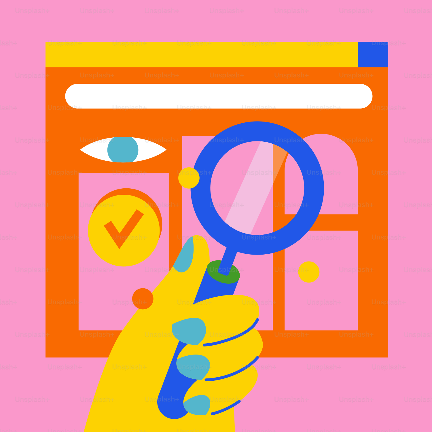 A hand holding a magnifying glass over a pink background