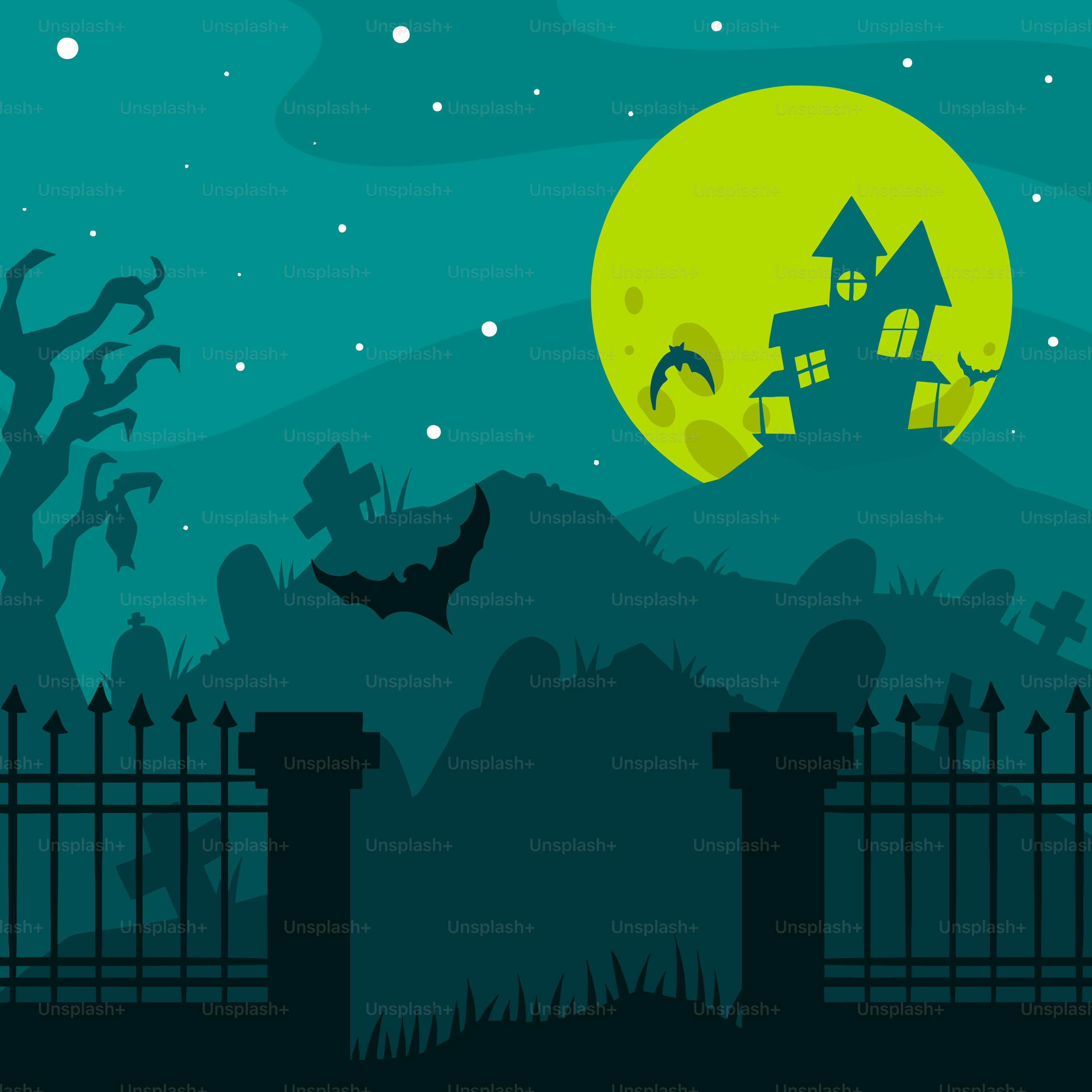 A night scene with a fence and a full moon