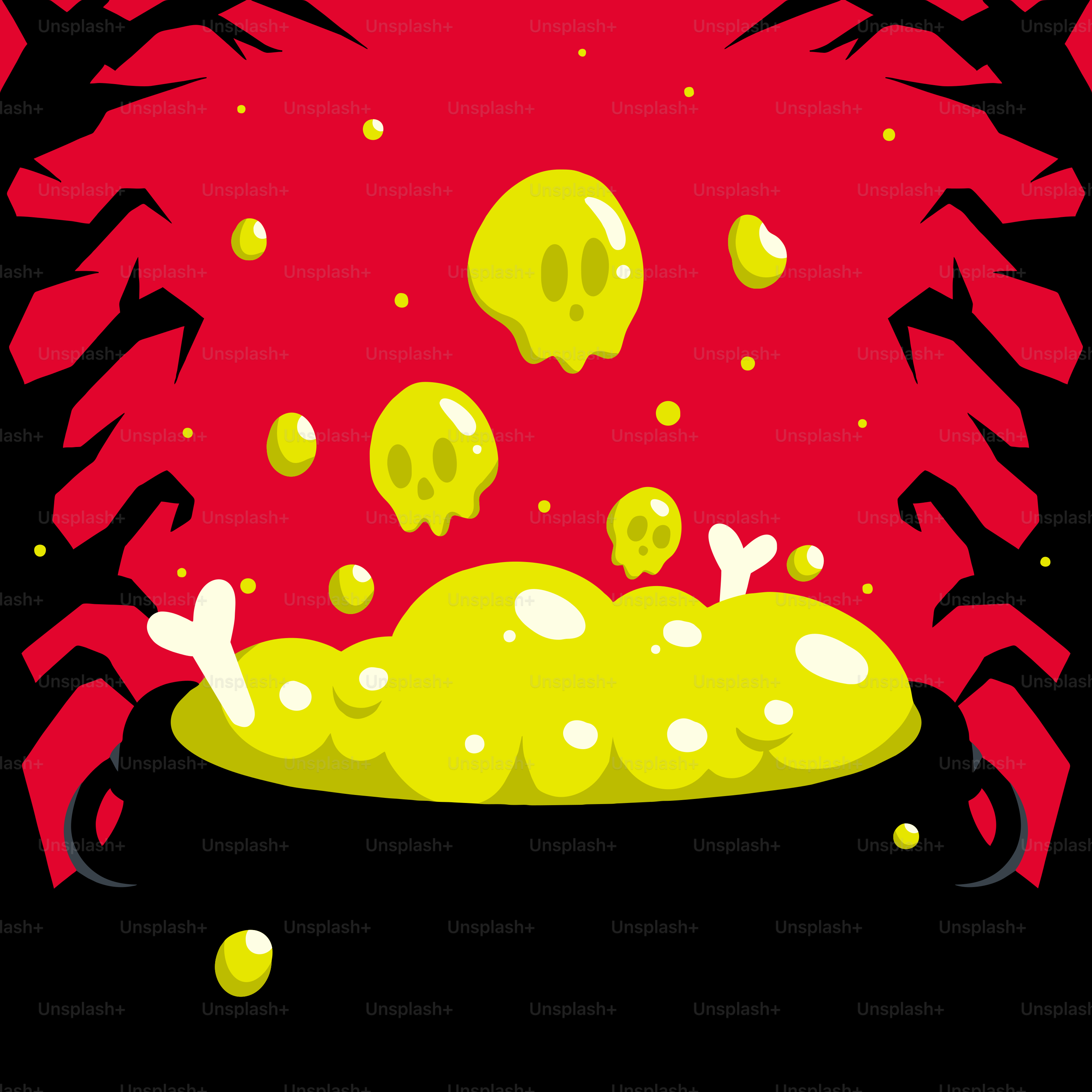 Eine Karikatur eines Topfes mit Totenköpfen und Knochen, die herausragen