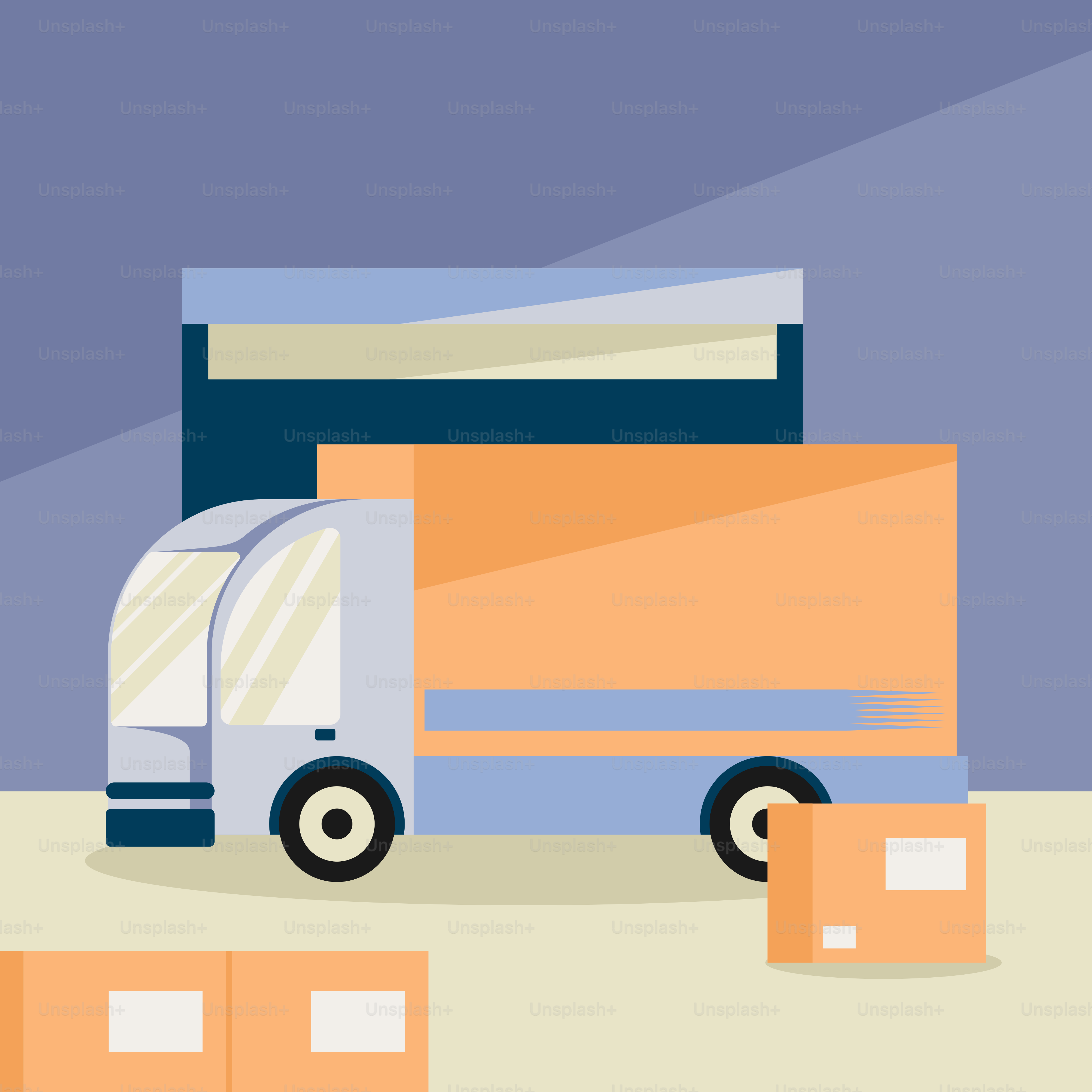 A delivery truck with boxes in front of it