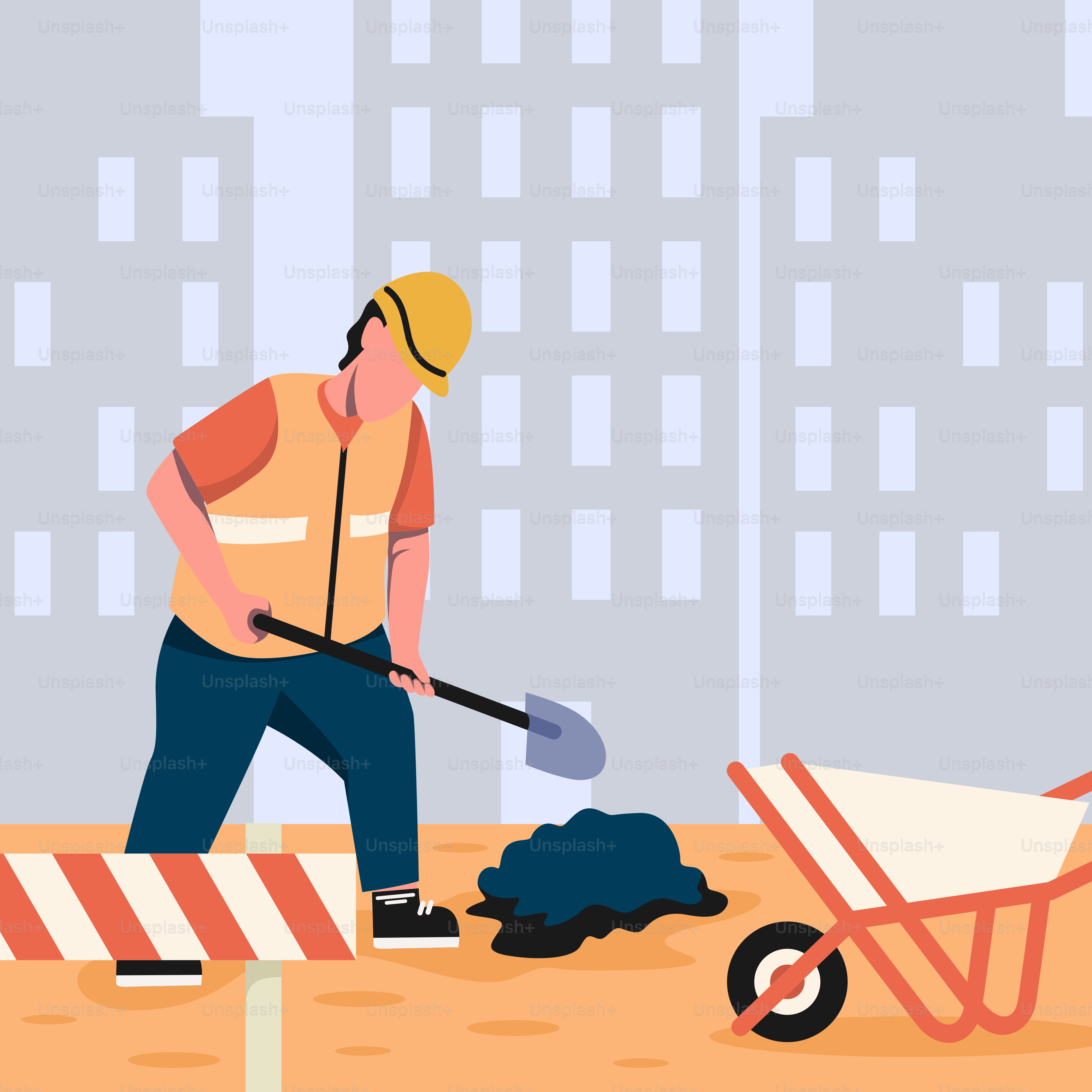 A man with a shovel and a wheelbarrow working on a construction site