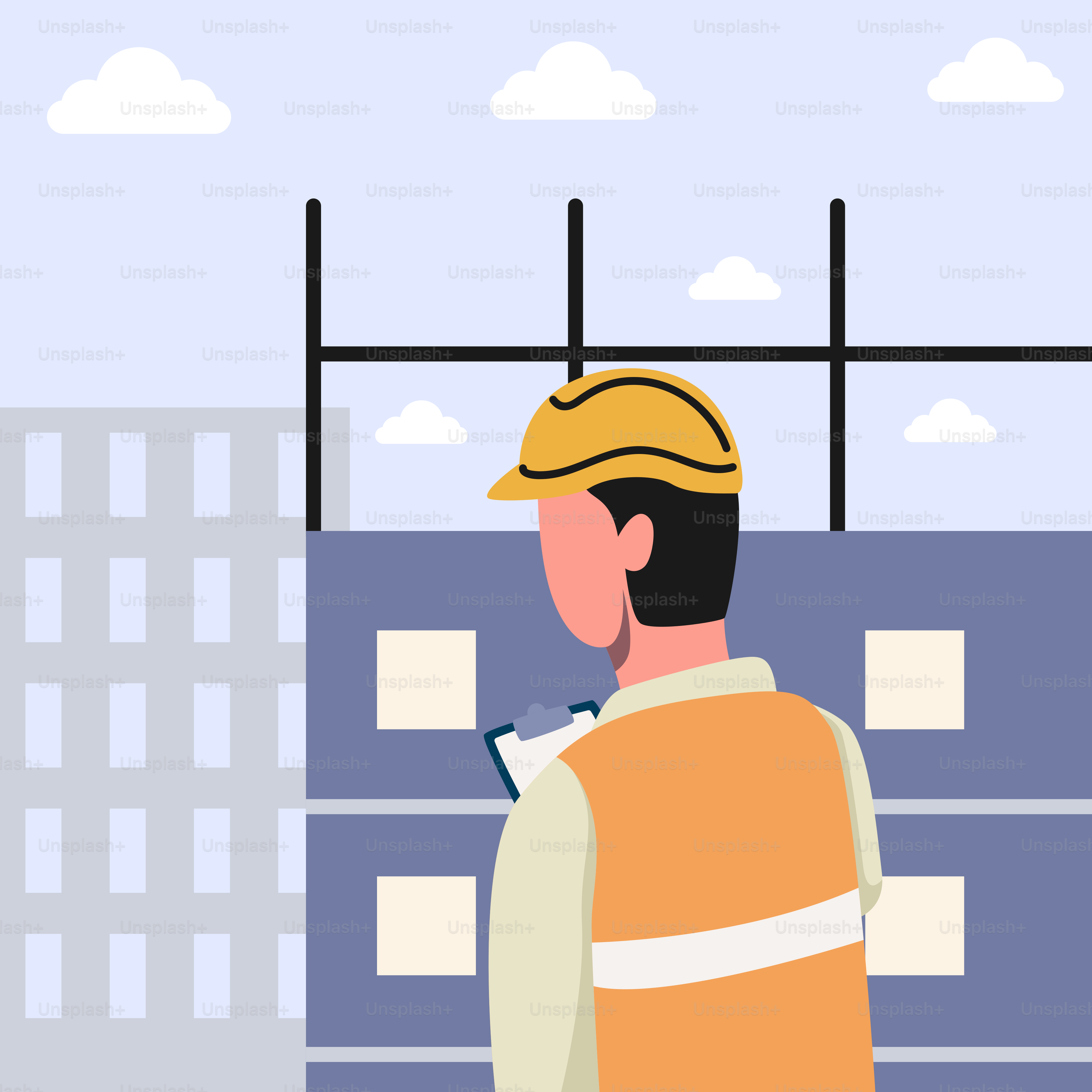 A man in a hard hat is standing in front of a building