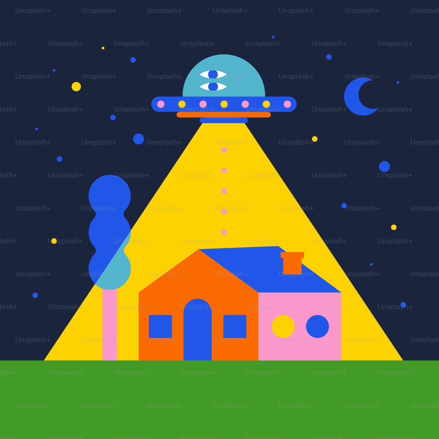 An illustration of a house with a flying saucer on top of it