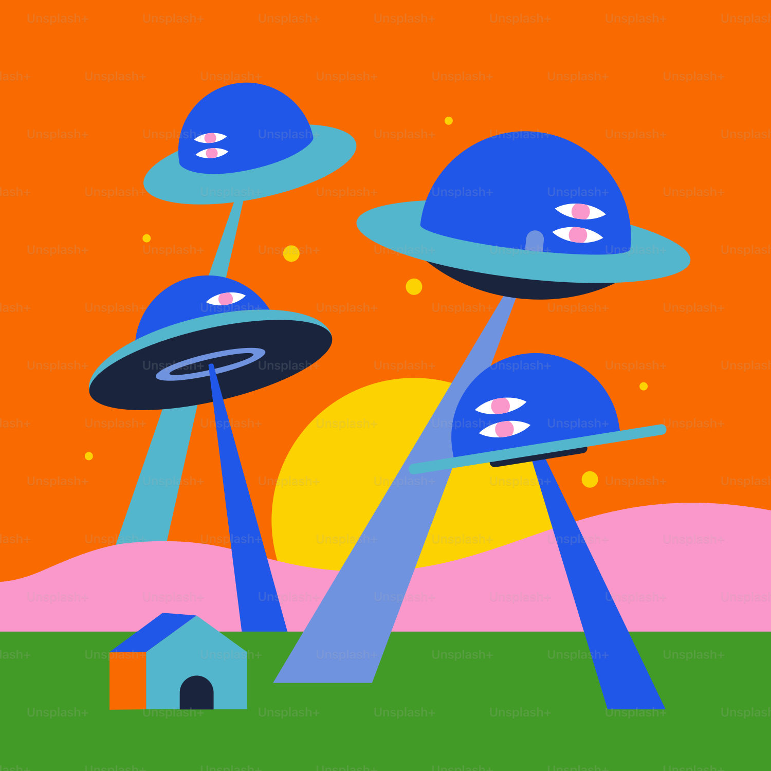 A picture of a group of aliens in a field