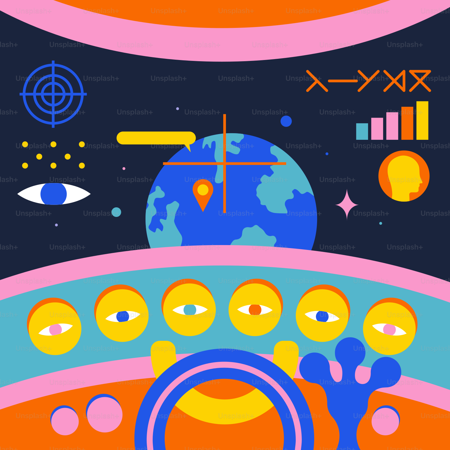 A poster of a space station with a clock on it