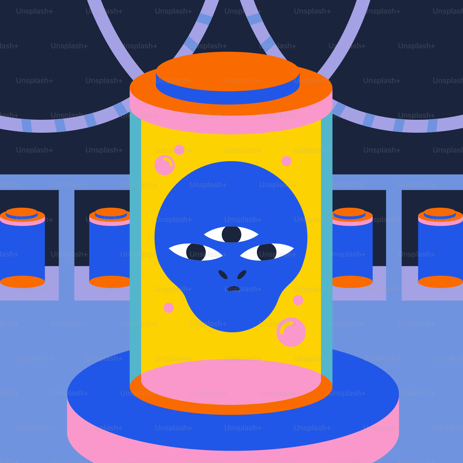 Un cartone animato di un alieno blu in una stazione spaziale