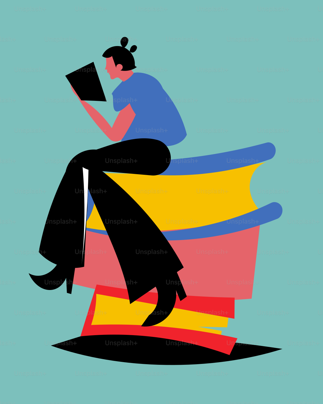 Eine Frau, die auf einem Bücherstapel sitzt