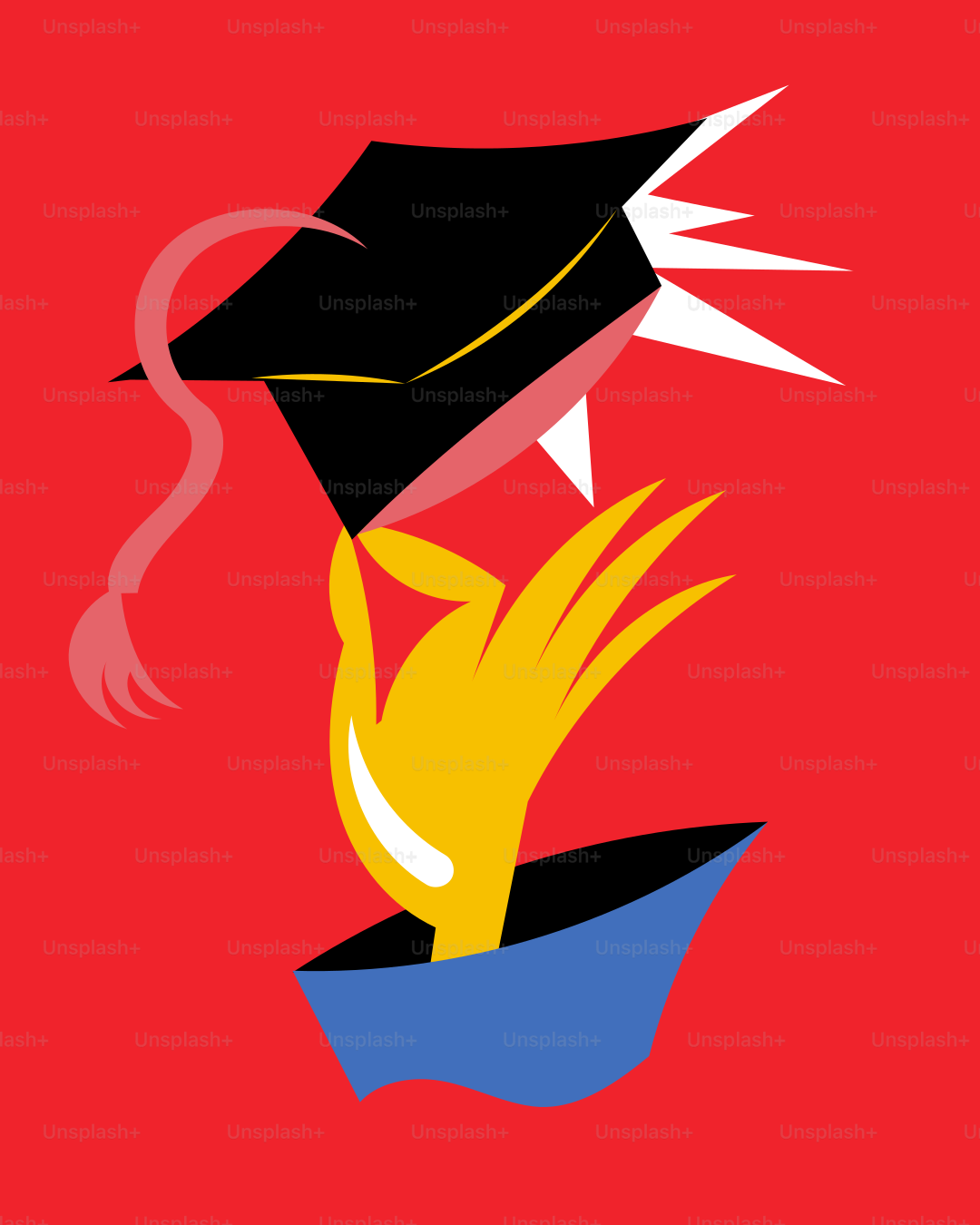 A red background with a black hat and yellow hands