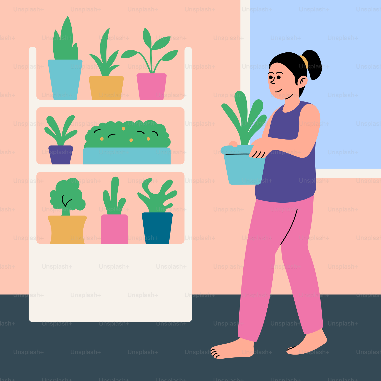 A woman carrying a potted plant in front of a window