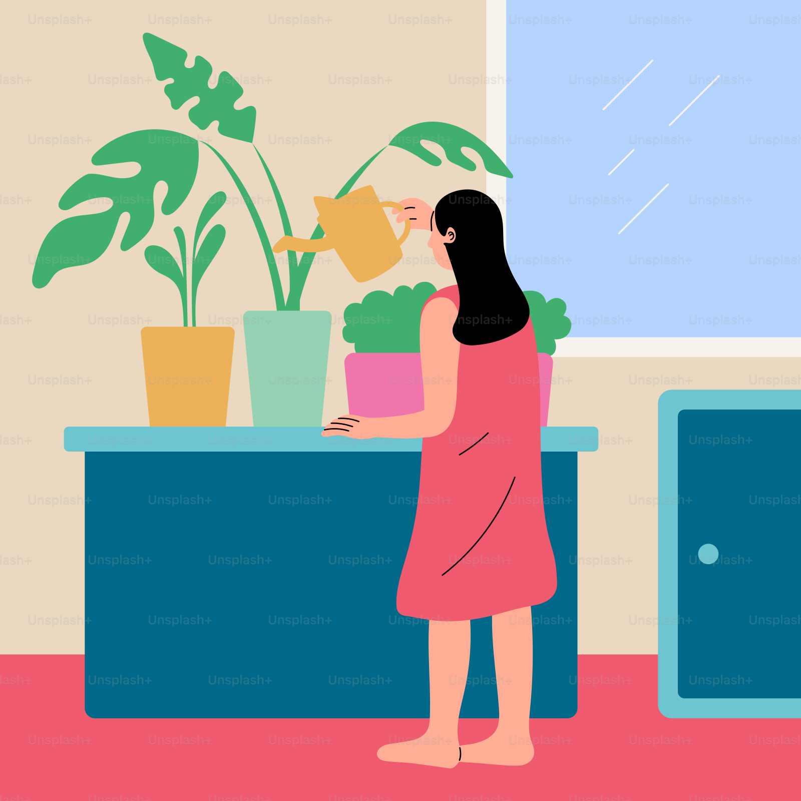 A woman in a pink dress is watering plants