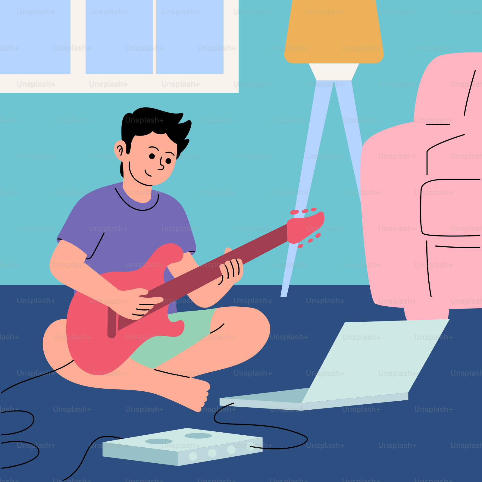 A man sitting on the floor playing a guitar