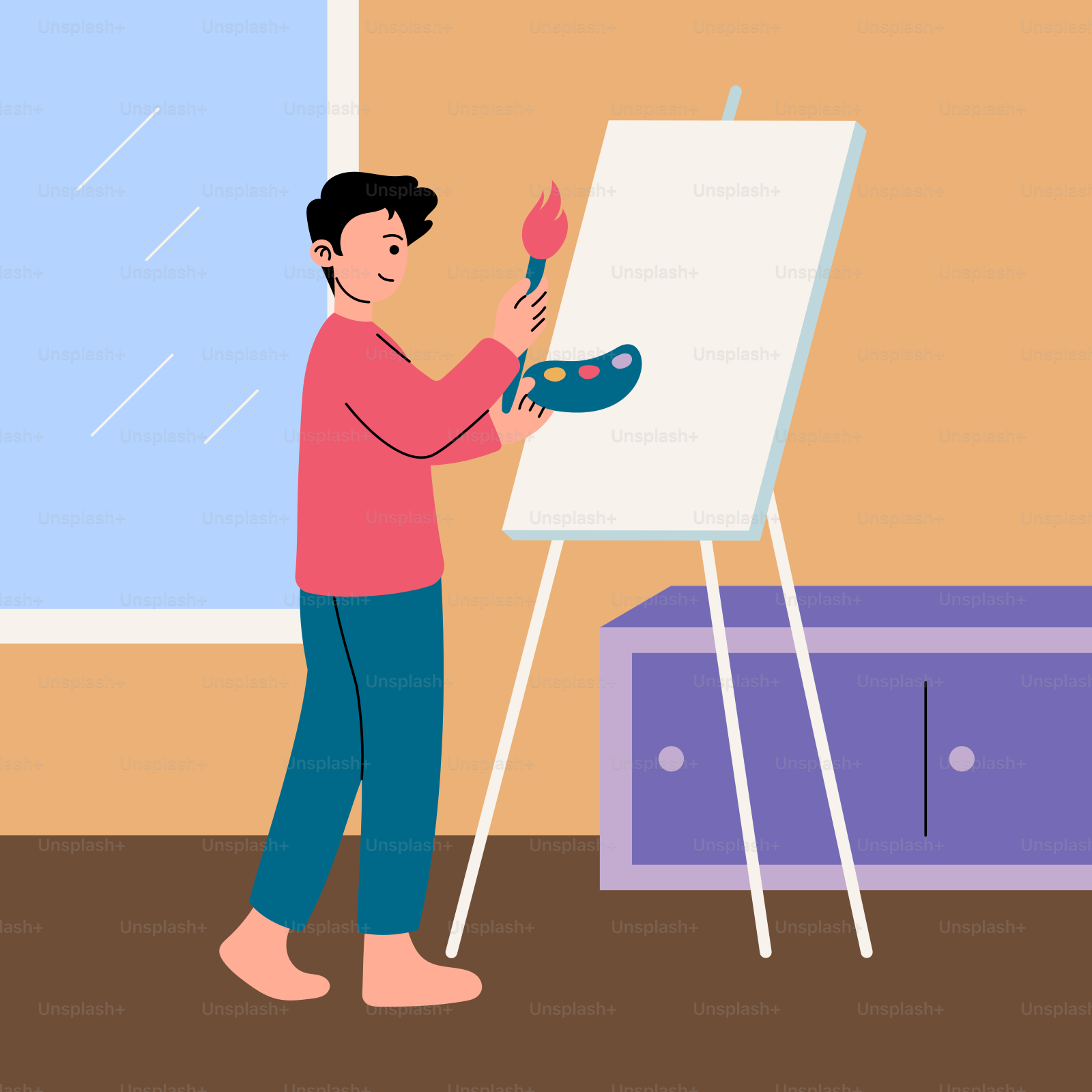 A man is painting a picture on a easel