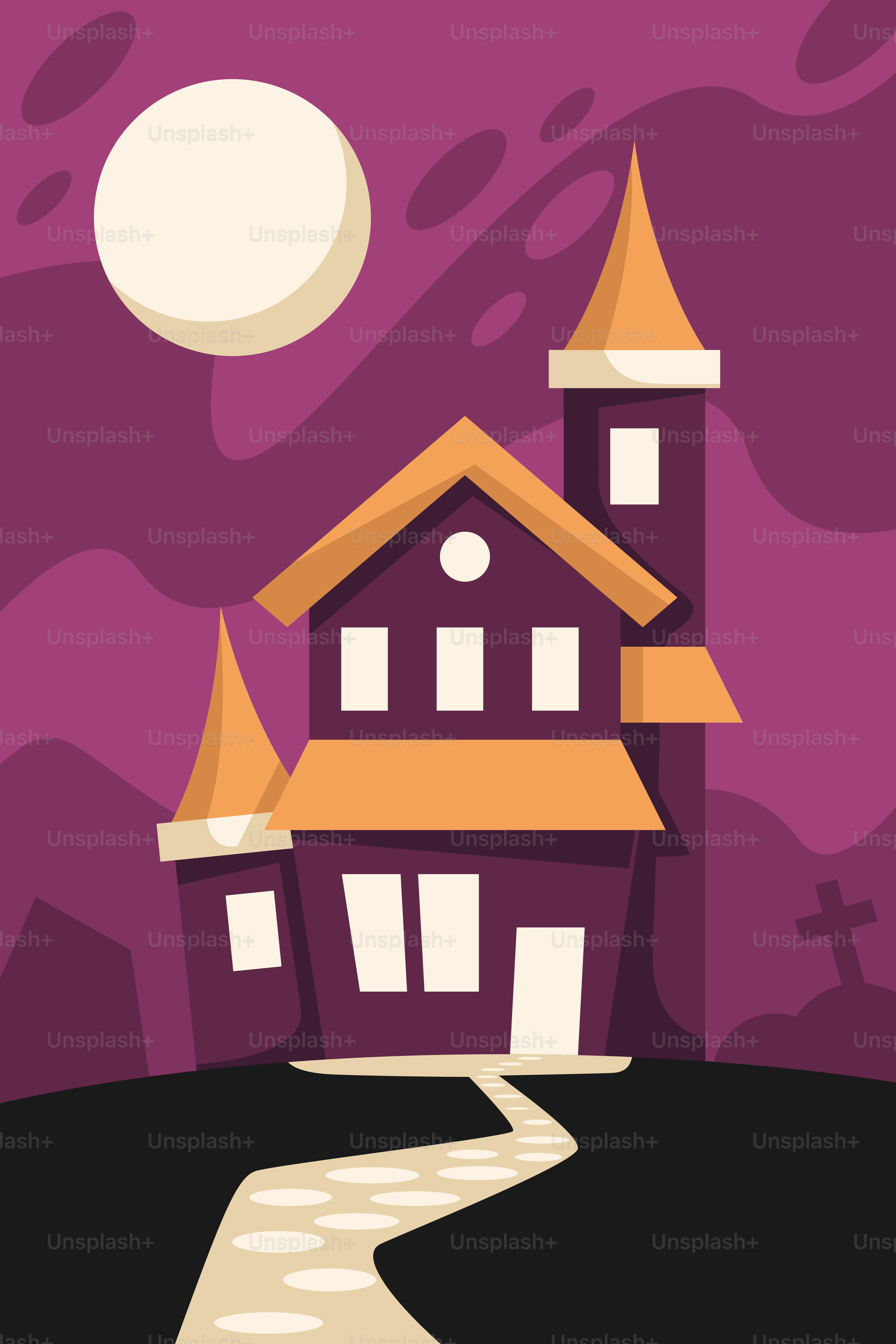 Uma casa com fundo roxo e céu roxo