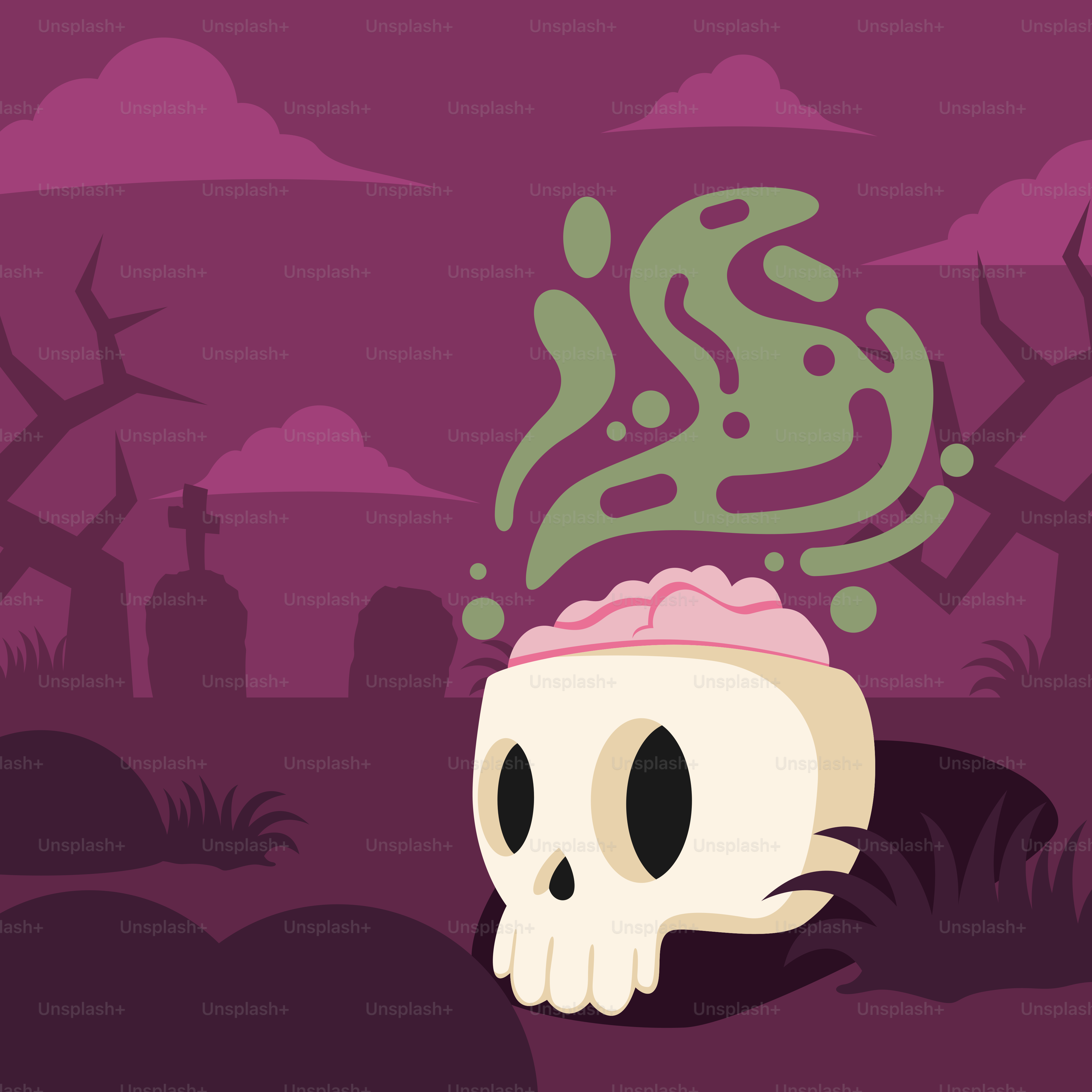 A skull with a hat on its head in the middle of a graveyard